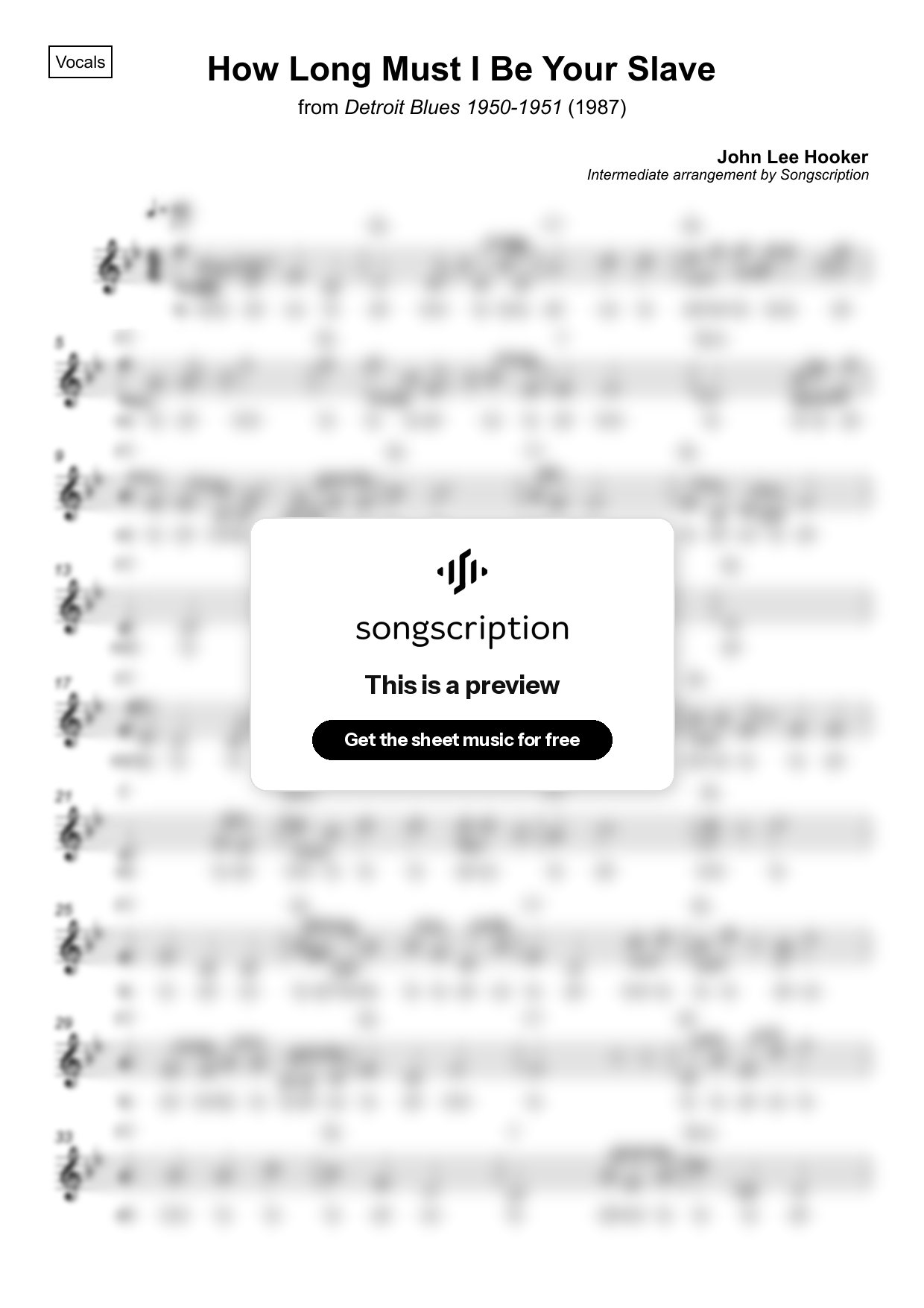 Intermediate Vocals Sheet Music for "How Long Must I Be Your Slave" by John Lee Hooker