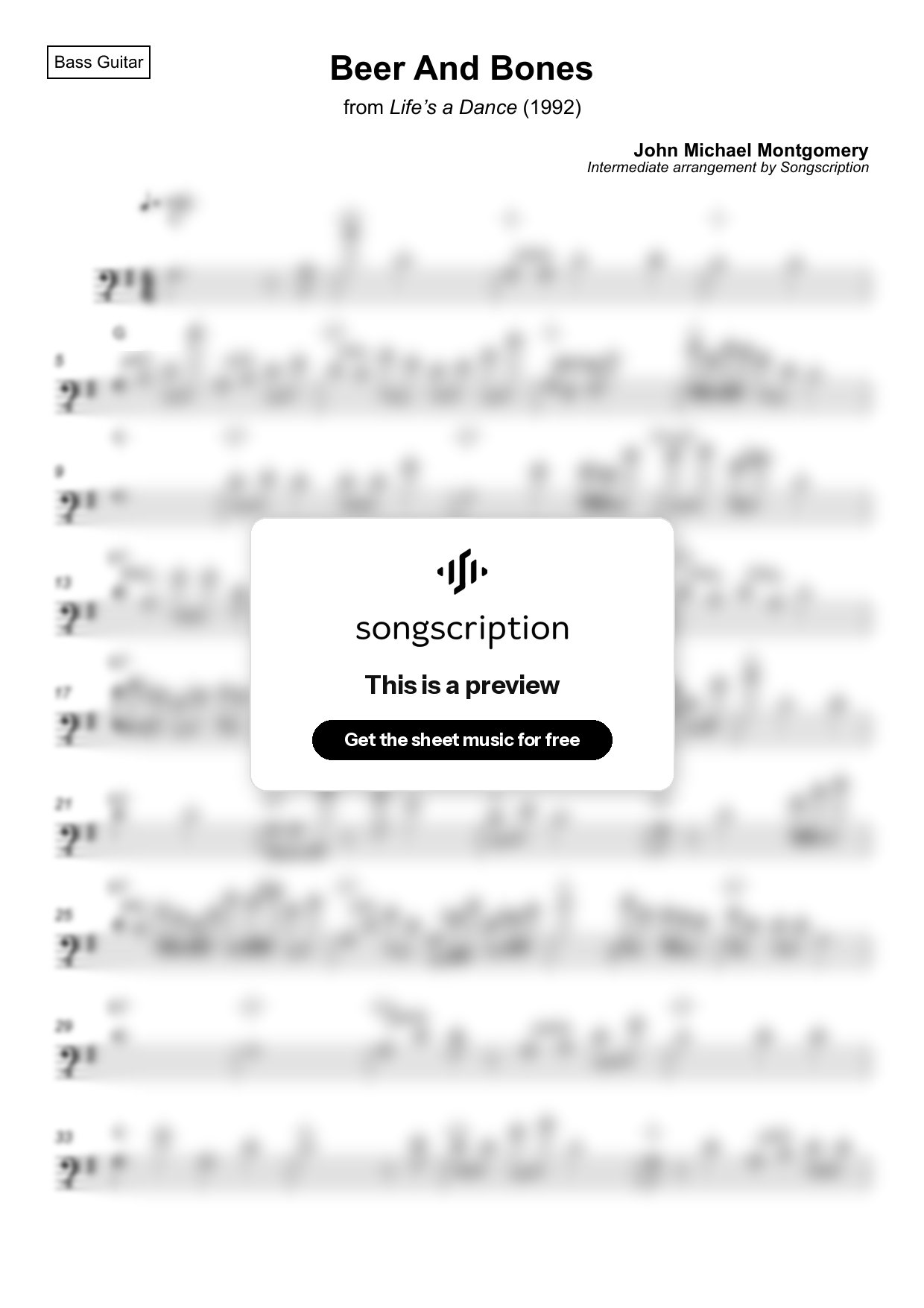 Intermediate Bass Guitar Sheet Music for "Beer And Bones" by John Michael Montgomery