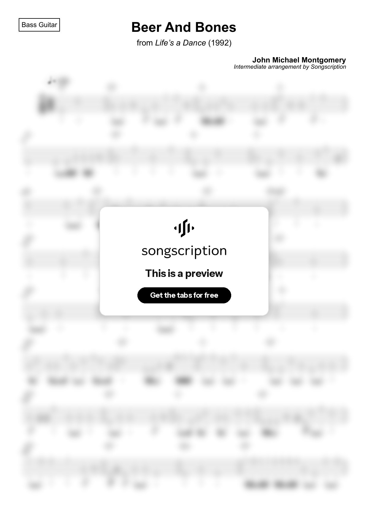 Intermediate Bass Guitar Tabs for "Beer And Bones" by John Michael Montgomery