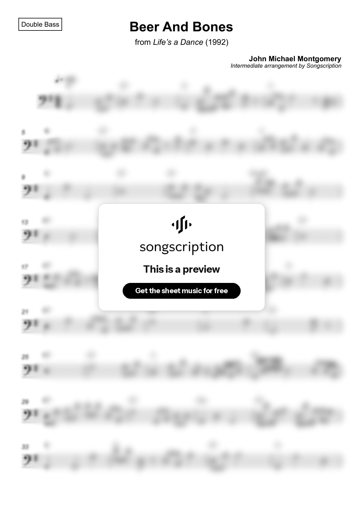 Intermediate Double Bass Sheet Music for "Beer And Bones" by John Michael Montgomery