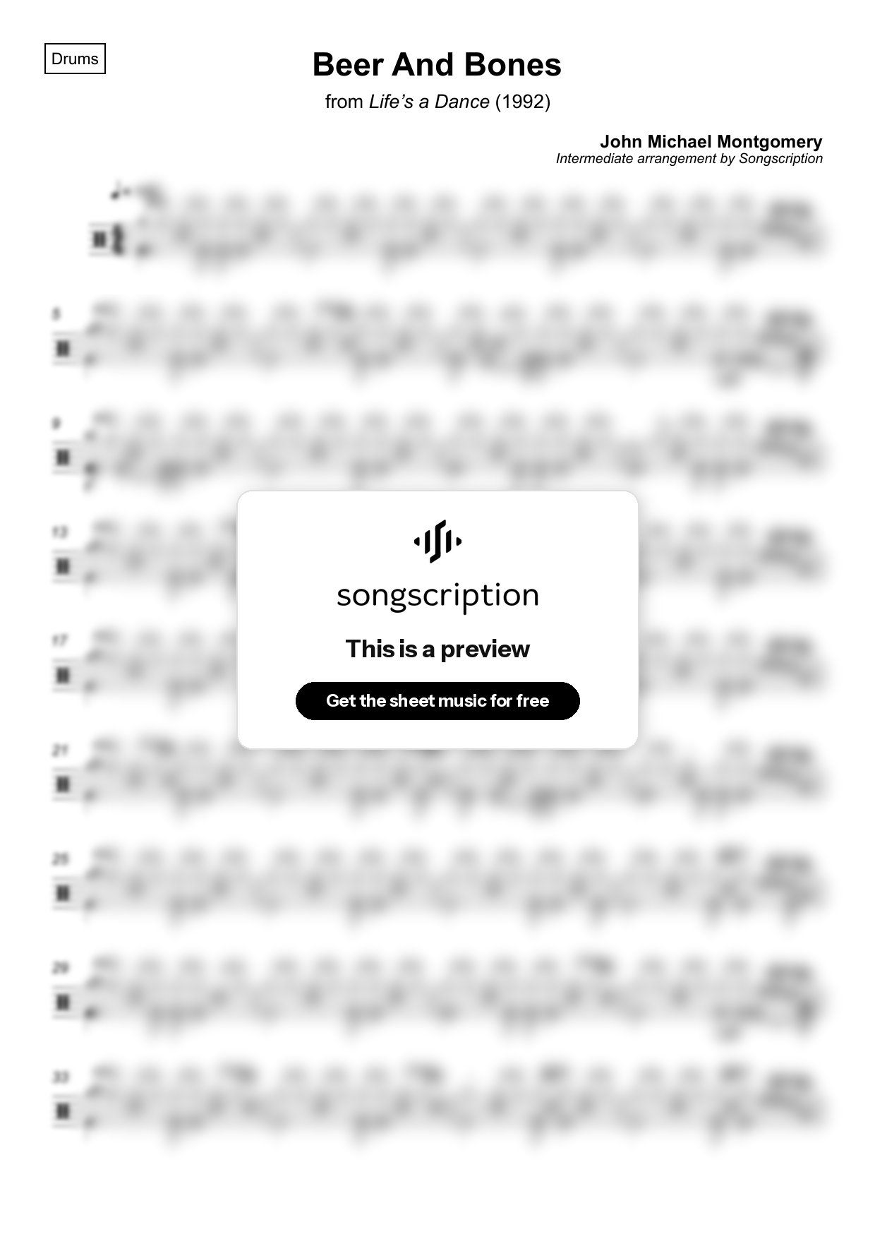 Intermediate Drums Sheet Music for "Beer And Bones" by John Michael Montgomery