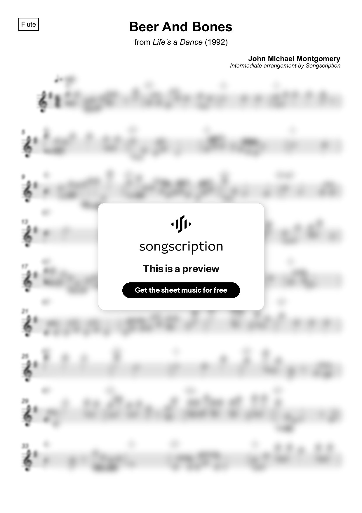 Intermediate Flute Sheet Music for "Beer And Bones" by John Michael Montgomery
