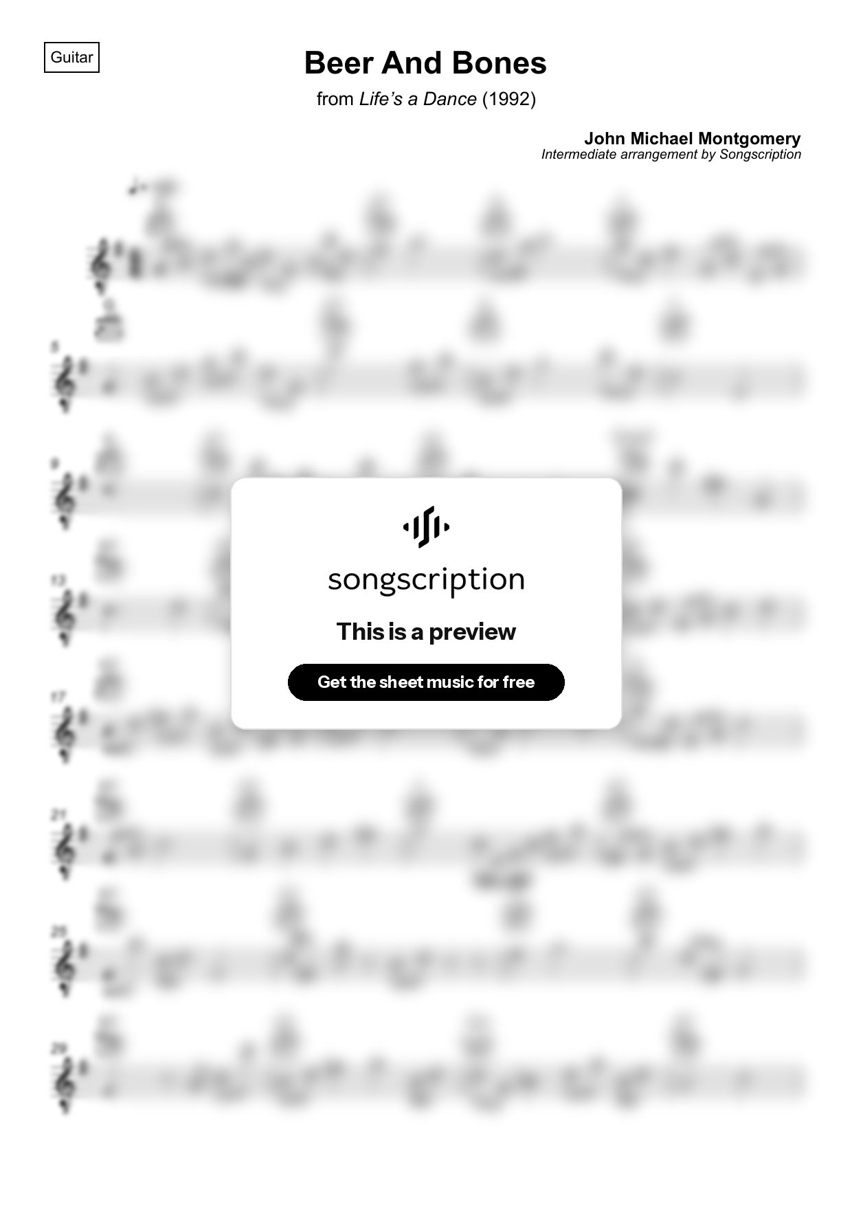 Intermediate Acoustic Guitar Sheet Music for "Beer And Bones" by John Michael Montgomery