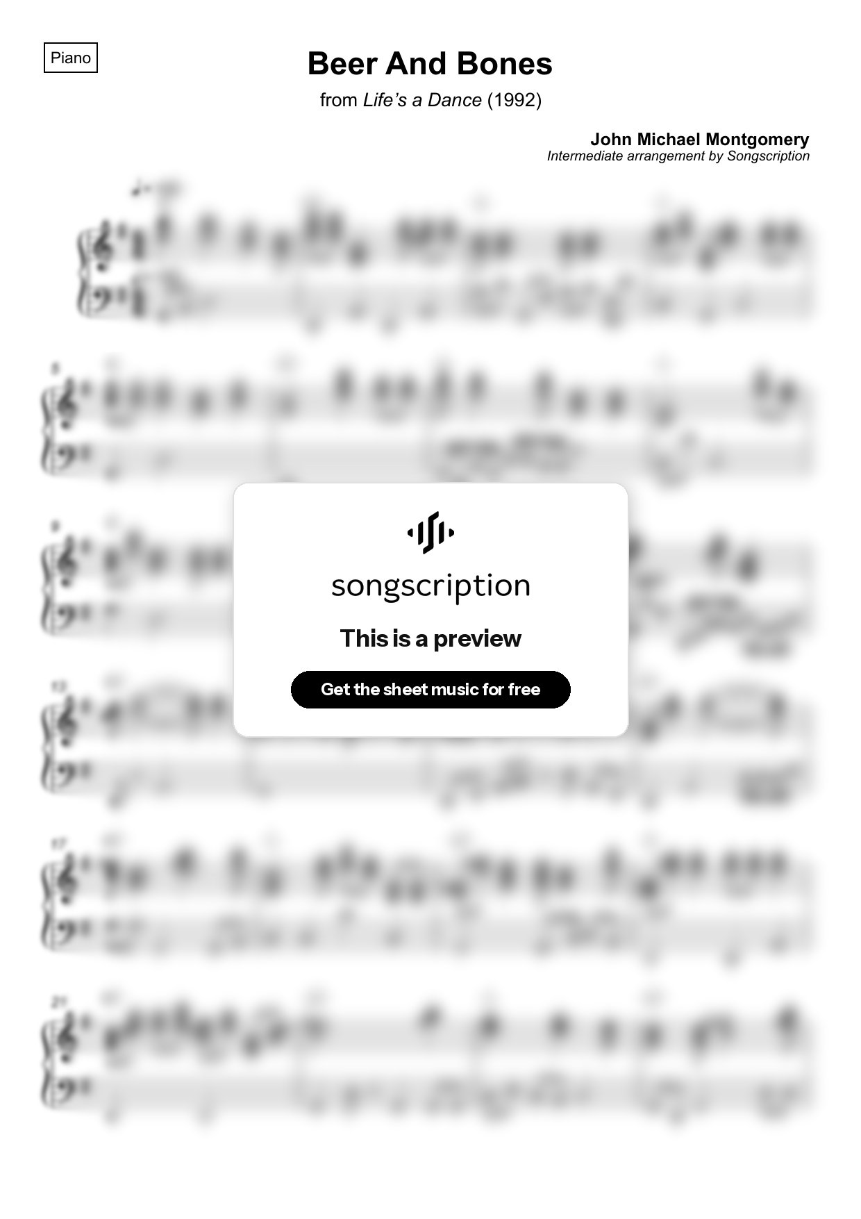 Intermediate Piano Sheet Music for "Beer And Bones" by John Michael Montgomery