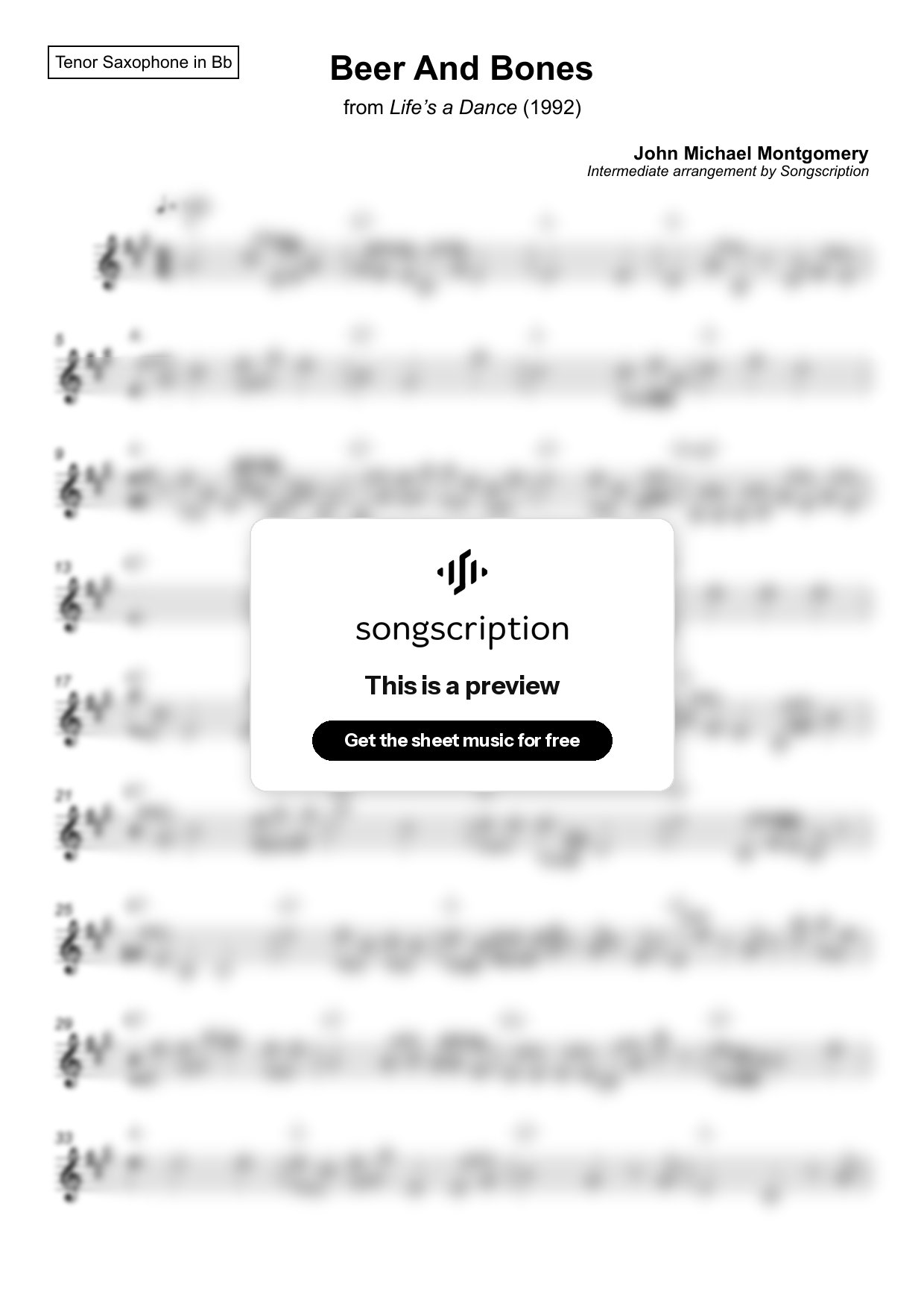 Intermediate Tenor Sax Sheet Music for "Beer And Bones" by John Michael Montgomery