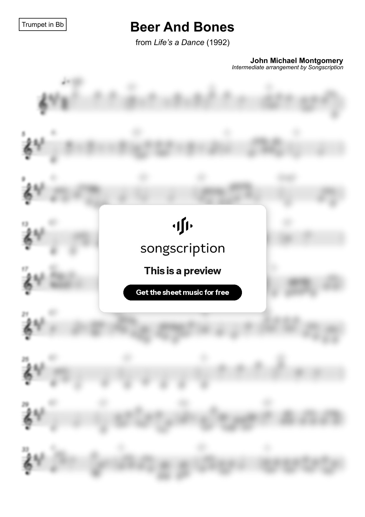 Intermediate Trumpet Sheet Music for "Beer And Bones" by John Michael Montgomery