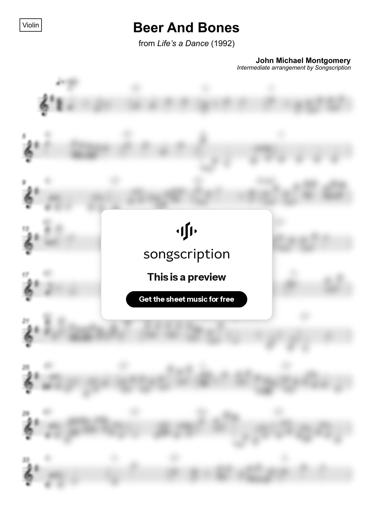 Intermediate Violin Sheet Music for "Beer And Bones" by John Michael Montgomery