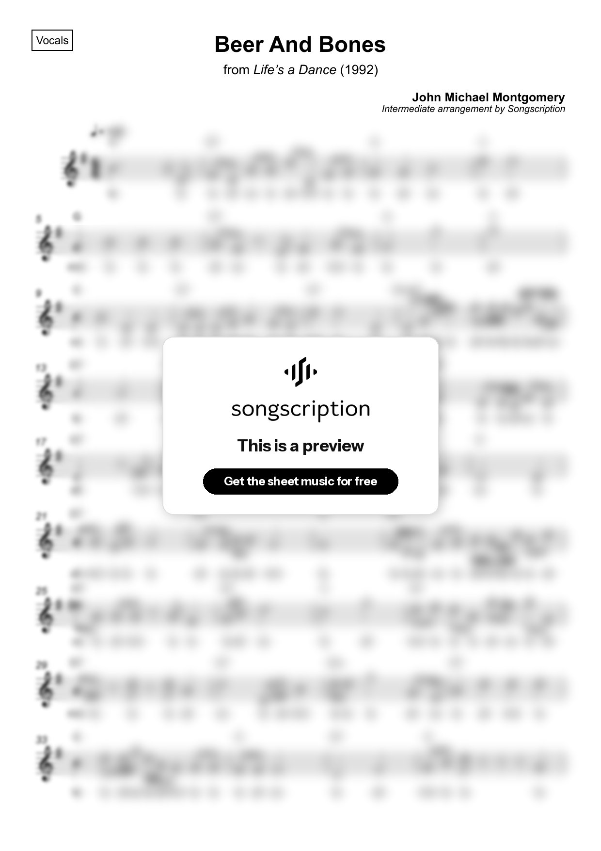 Intermediate Vocals Sheet Music for "Beer And Bones" by John Michael Montgomery