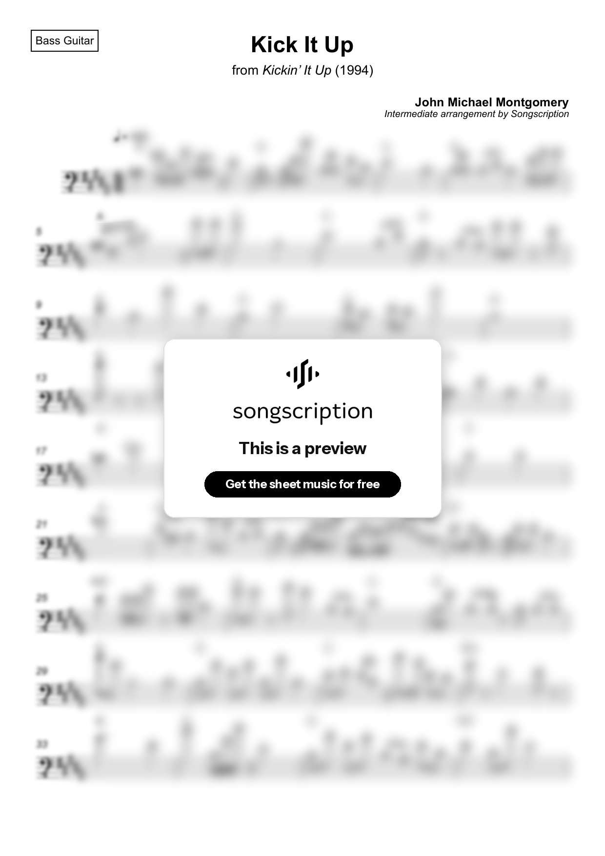 Intermediate Bass Guitar Sheet Music for "Kick It Up" by John Michael Montgomery