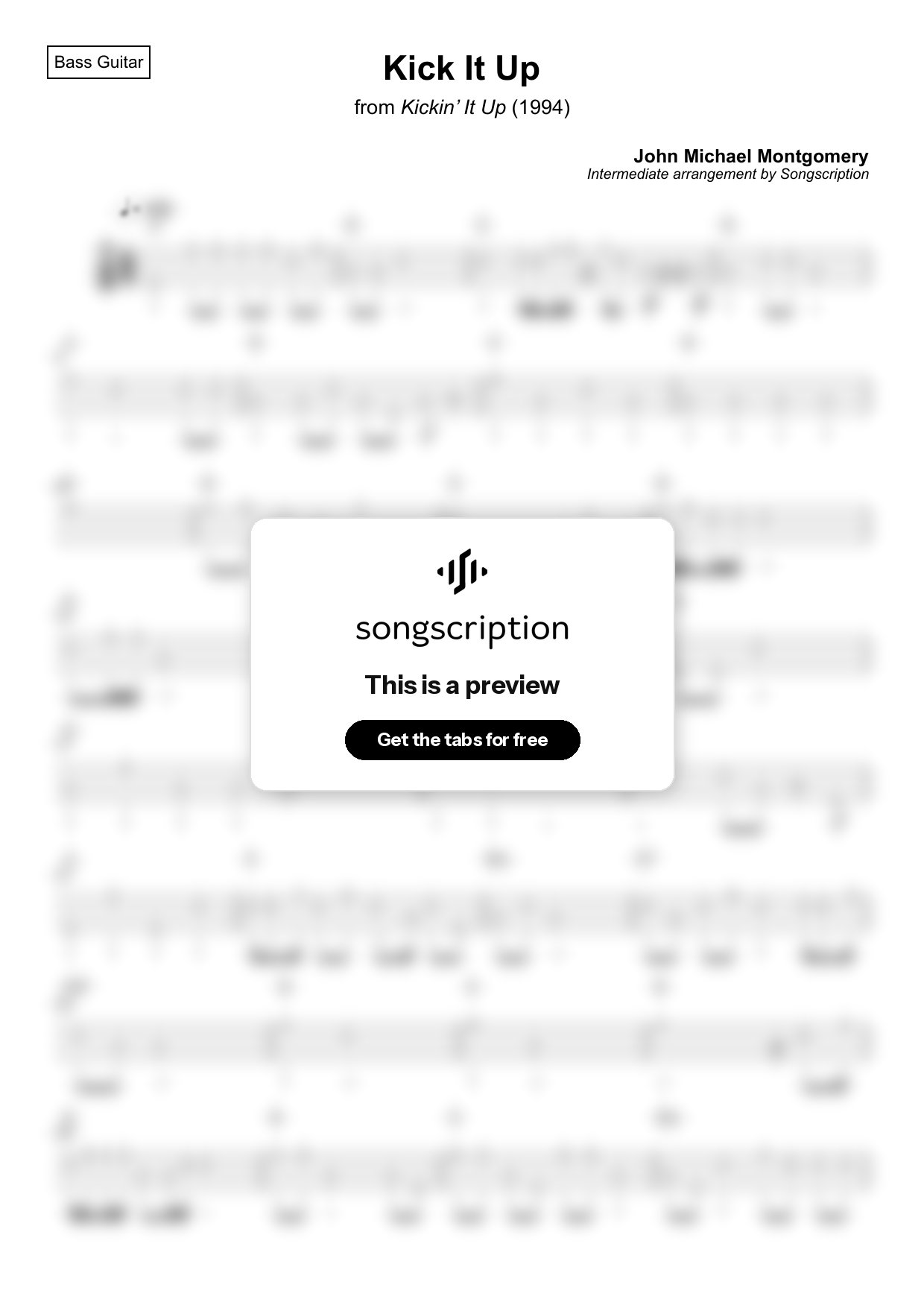 Intermediate Bass Guitar Tabs for "Kick It Up" by John Michael Montgomery