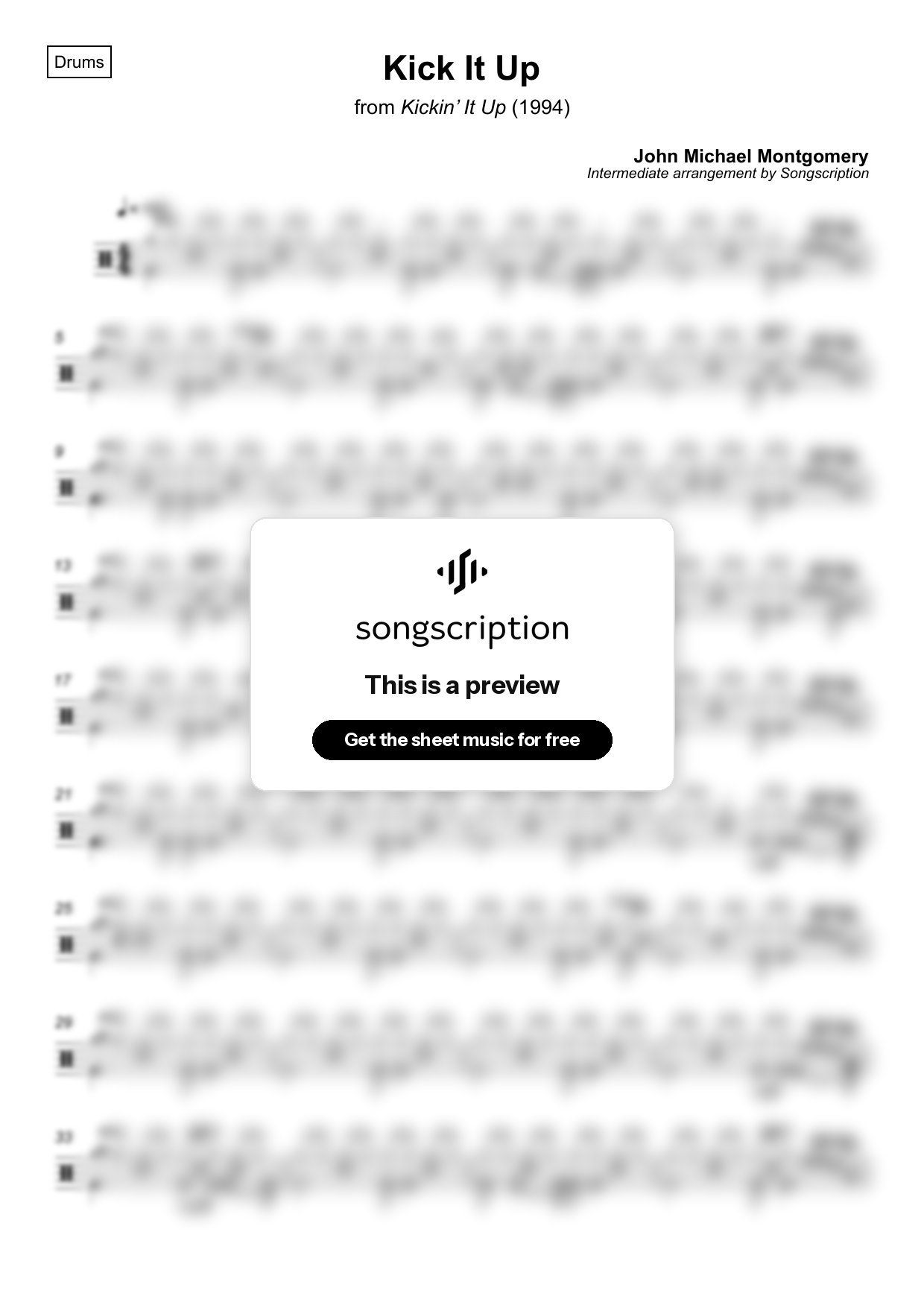 Intermediate Drums Sheet Music for "Kick It Up" by John Michael Montgomery