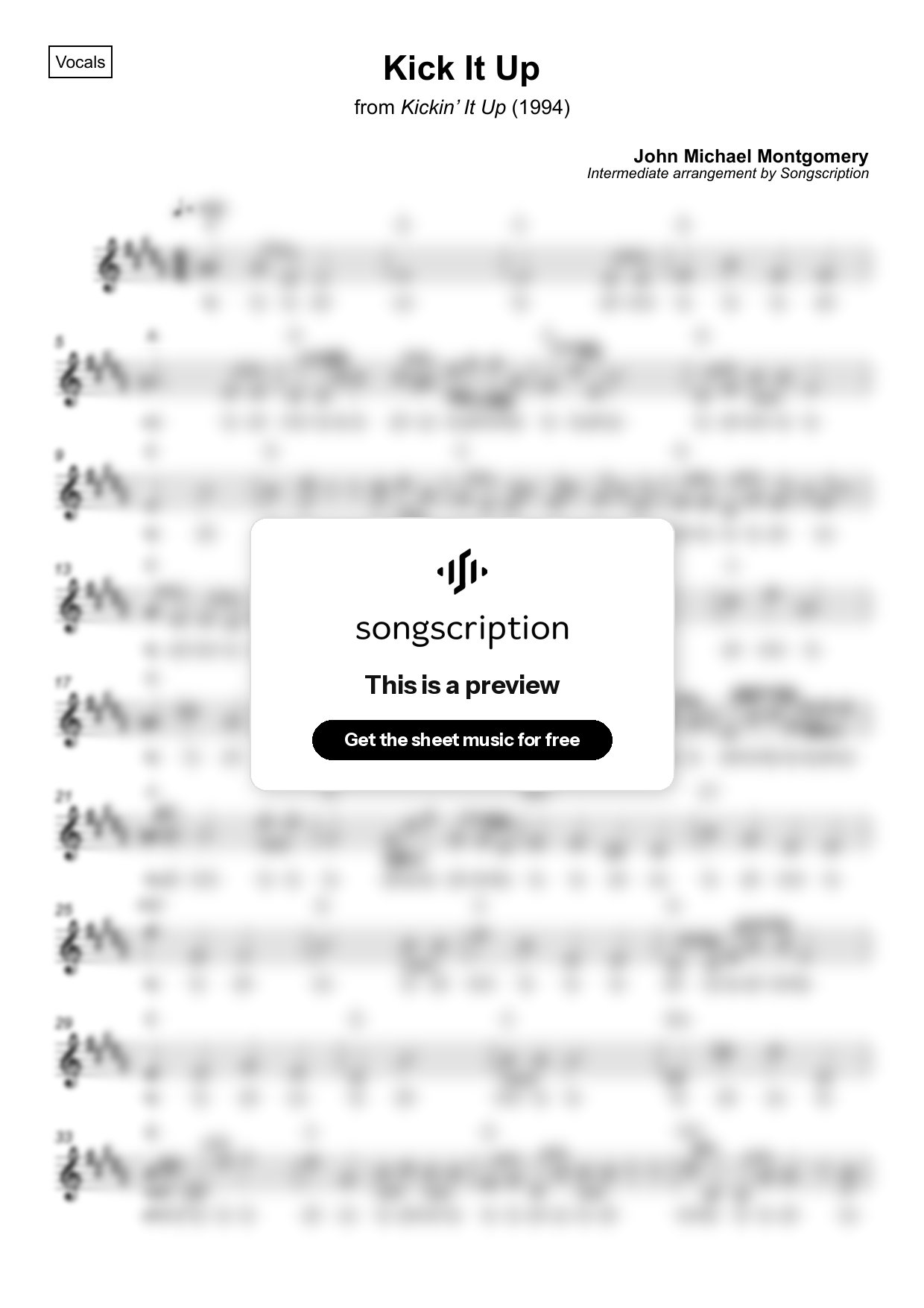 Intermediate Vocals Sheet Music for "Kick It Up" by John Michael Montgomery