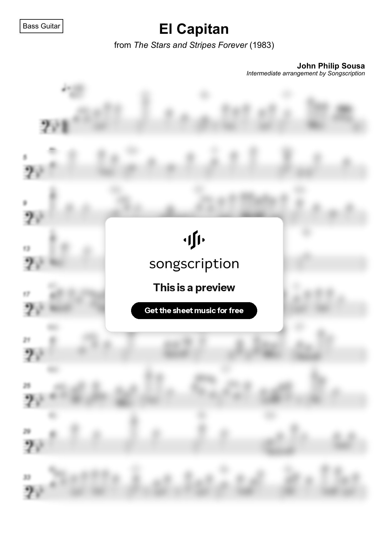 Intermediate Bass Guitar Sheet Music for "El Capitan" by John Philip Sousa