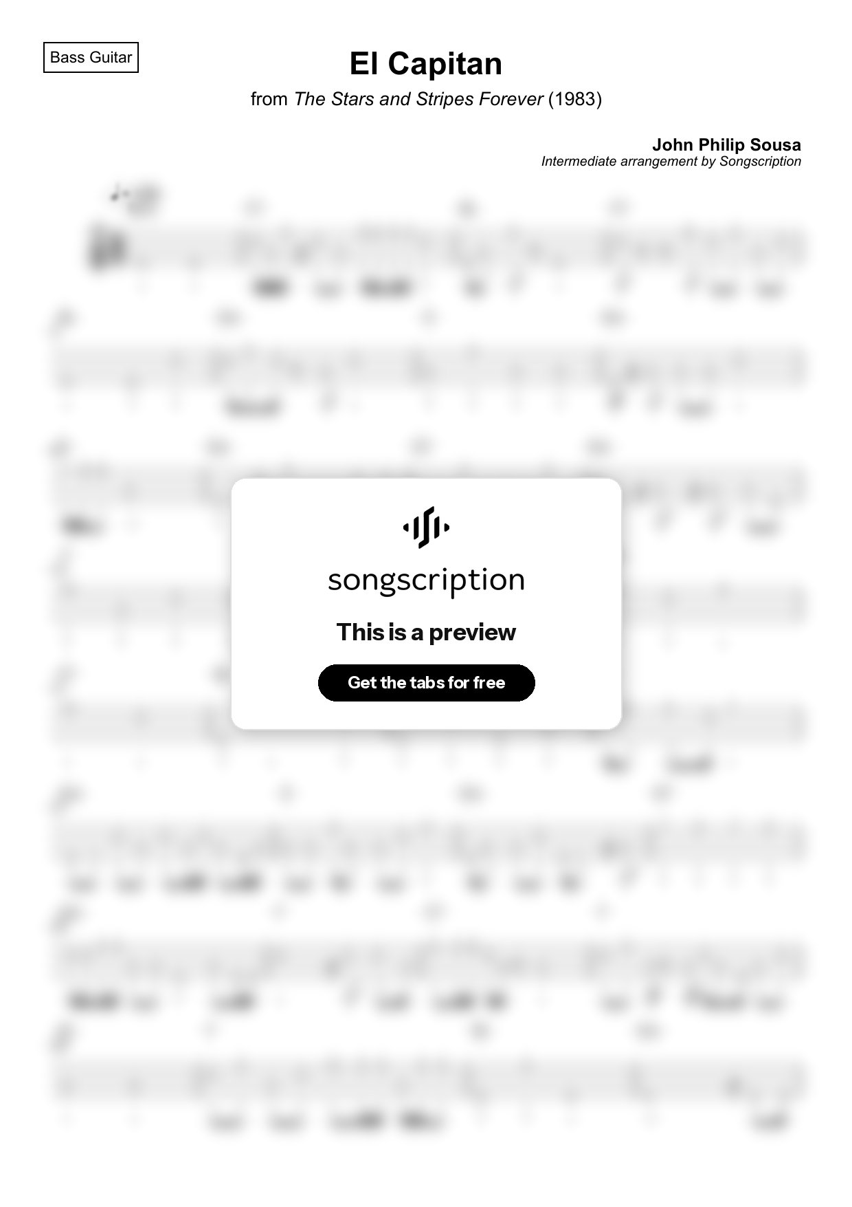 Intermediate Bass Guitar Tabs for "El Capitan" by John Philip Sousa