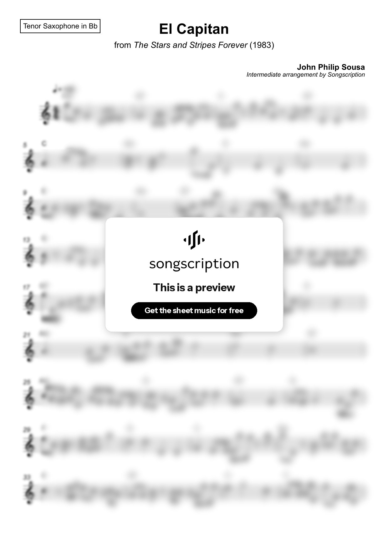 Intermediate Tenor Sax Sheet Music for "El Capitan" by John Philip Sousa