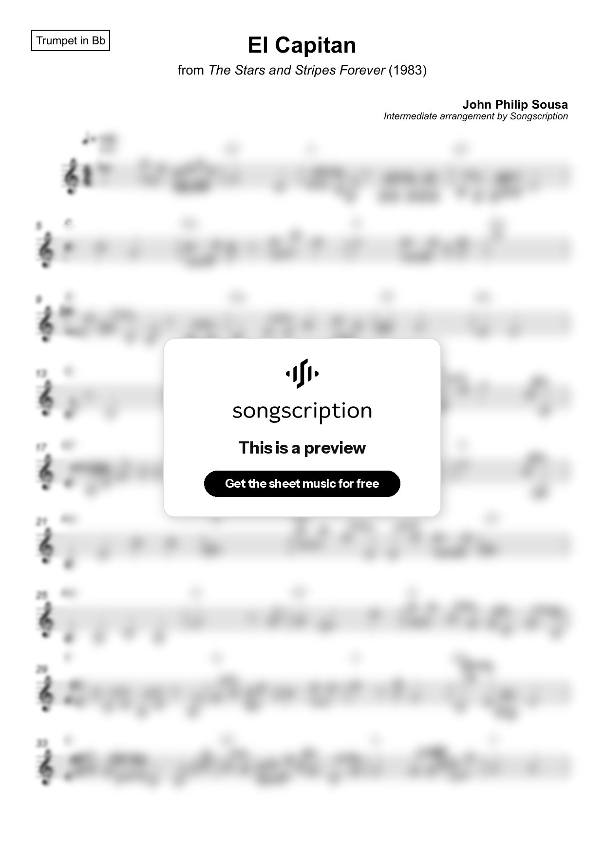 Intermediate Trumpet Sheet Music for "El Capitan" by John Philip Sousa