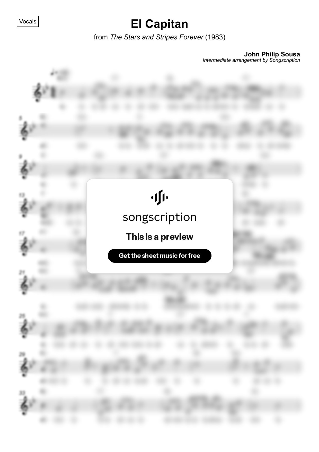 Intermediate Vocals Sheet Music for "El Capitan" by John Philip Sousa