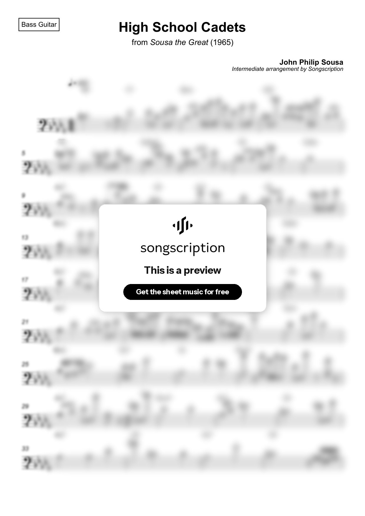 Intermediate Bass Guitar Sheet Music for "High School Cadets" by John Philip Sousa
