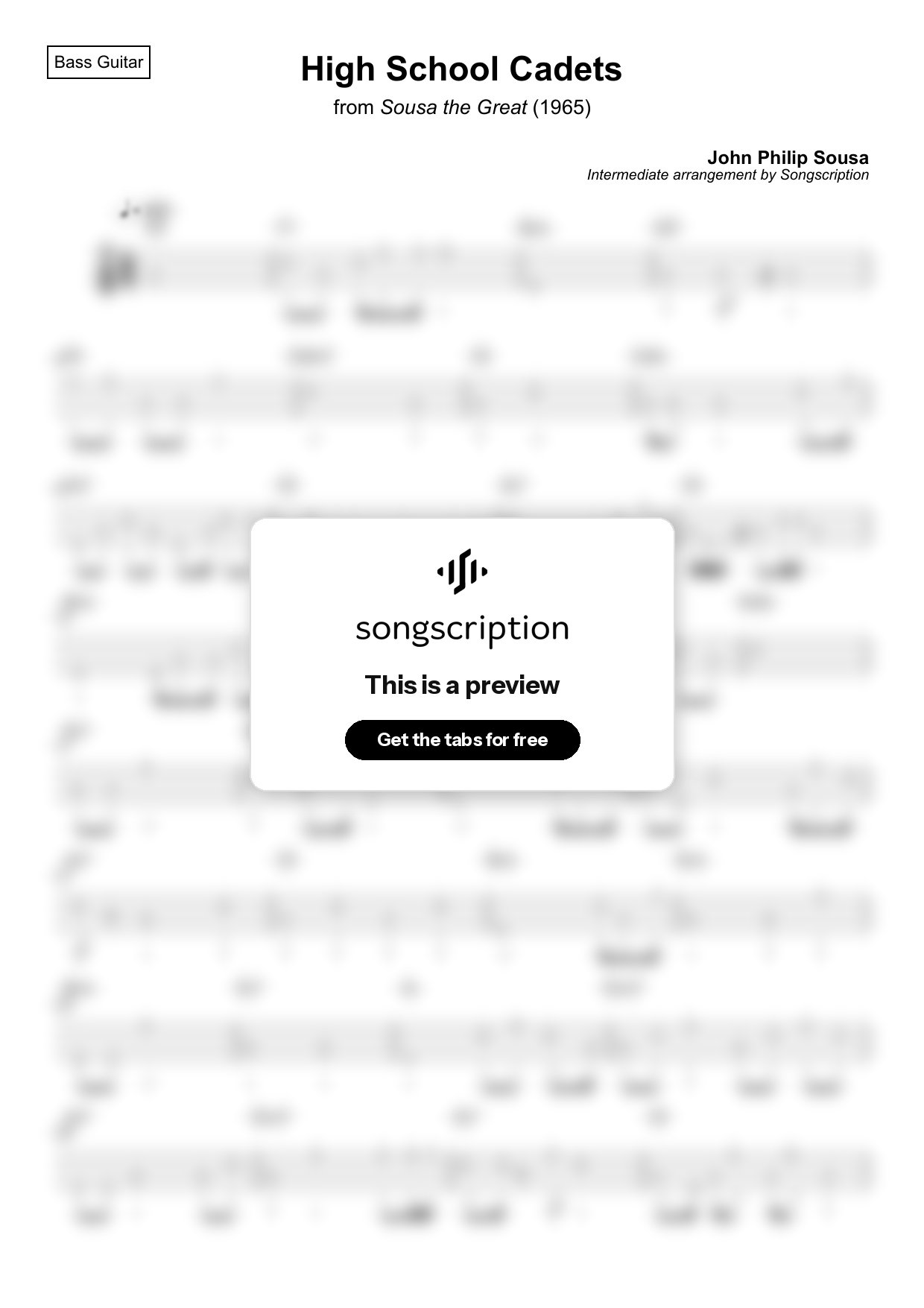 Intermediate Bass Guitar Tabs for "High School Cadets" by John Philip Sousa