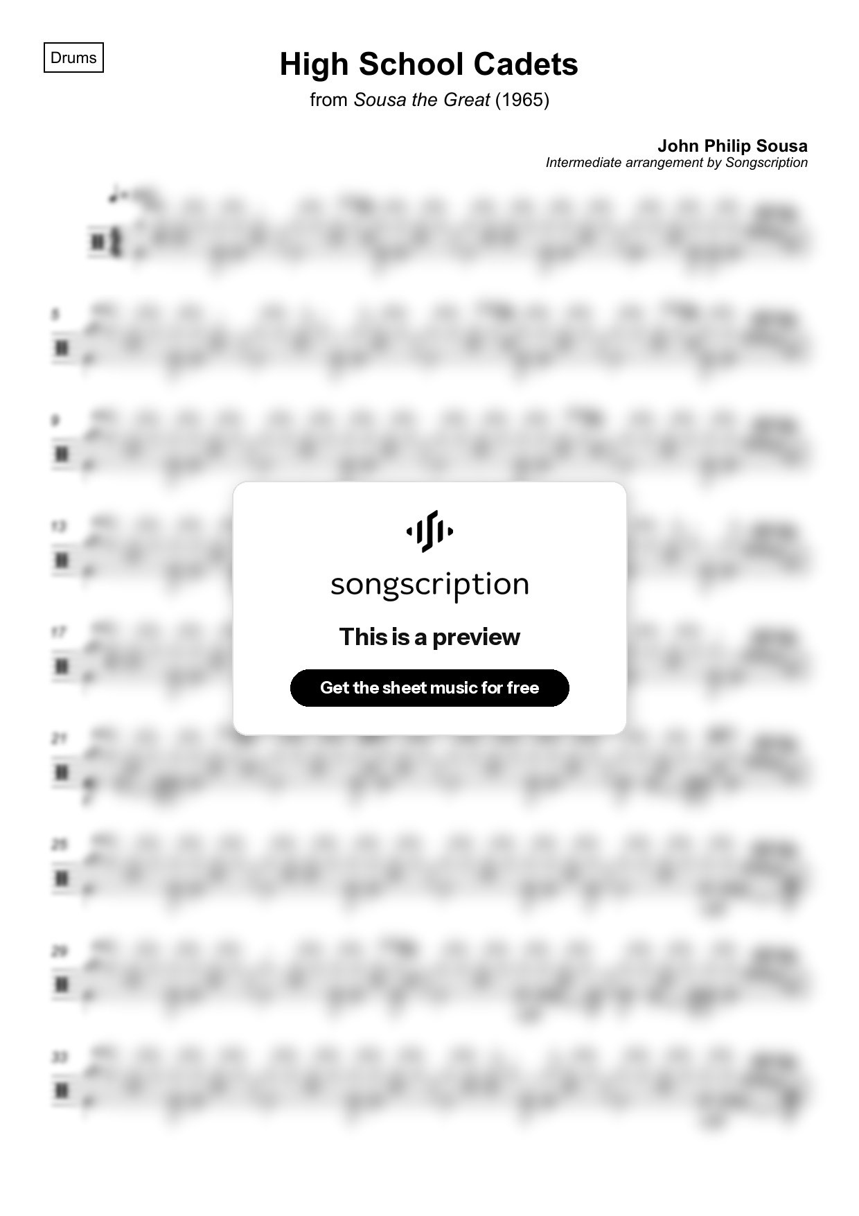 Intermediate Drums Sheet Music for "High School Cadets" by John Philip Sousa