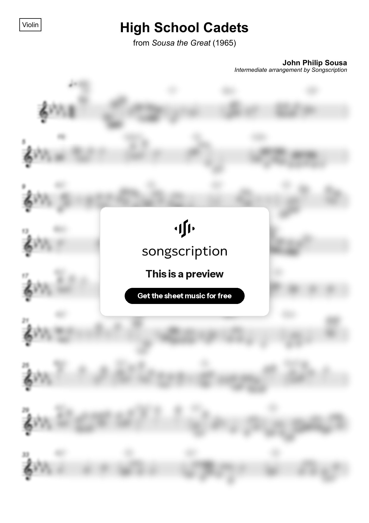 Intermediate Violin Sheet Music for "High School Cadets" by John Philip Sousa