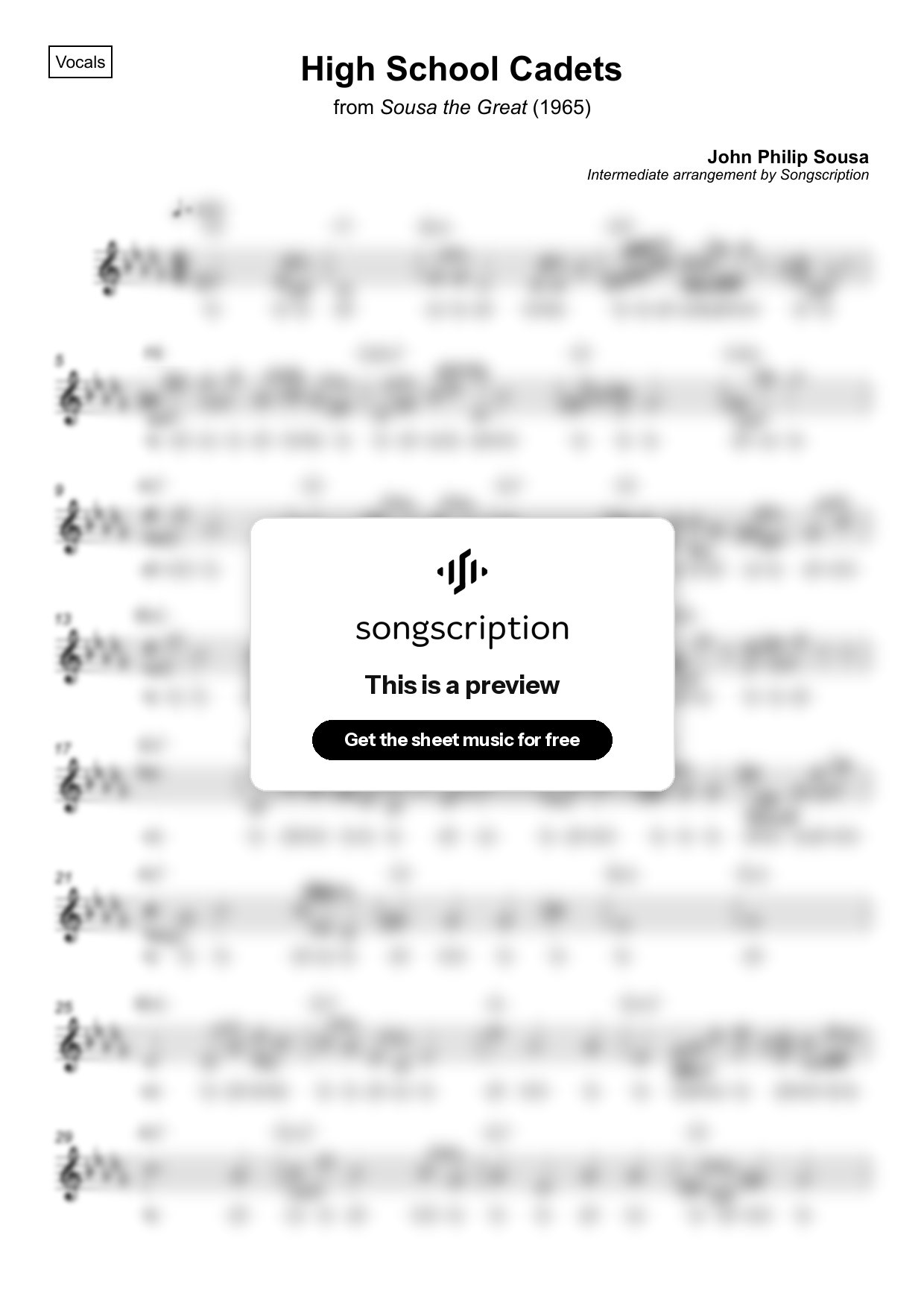 Intermediate Vocals Sheet Music for "High School Cadets" by John Philip Sousa