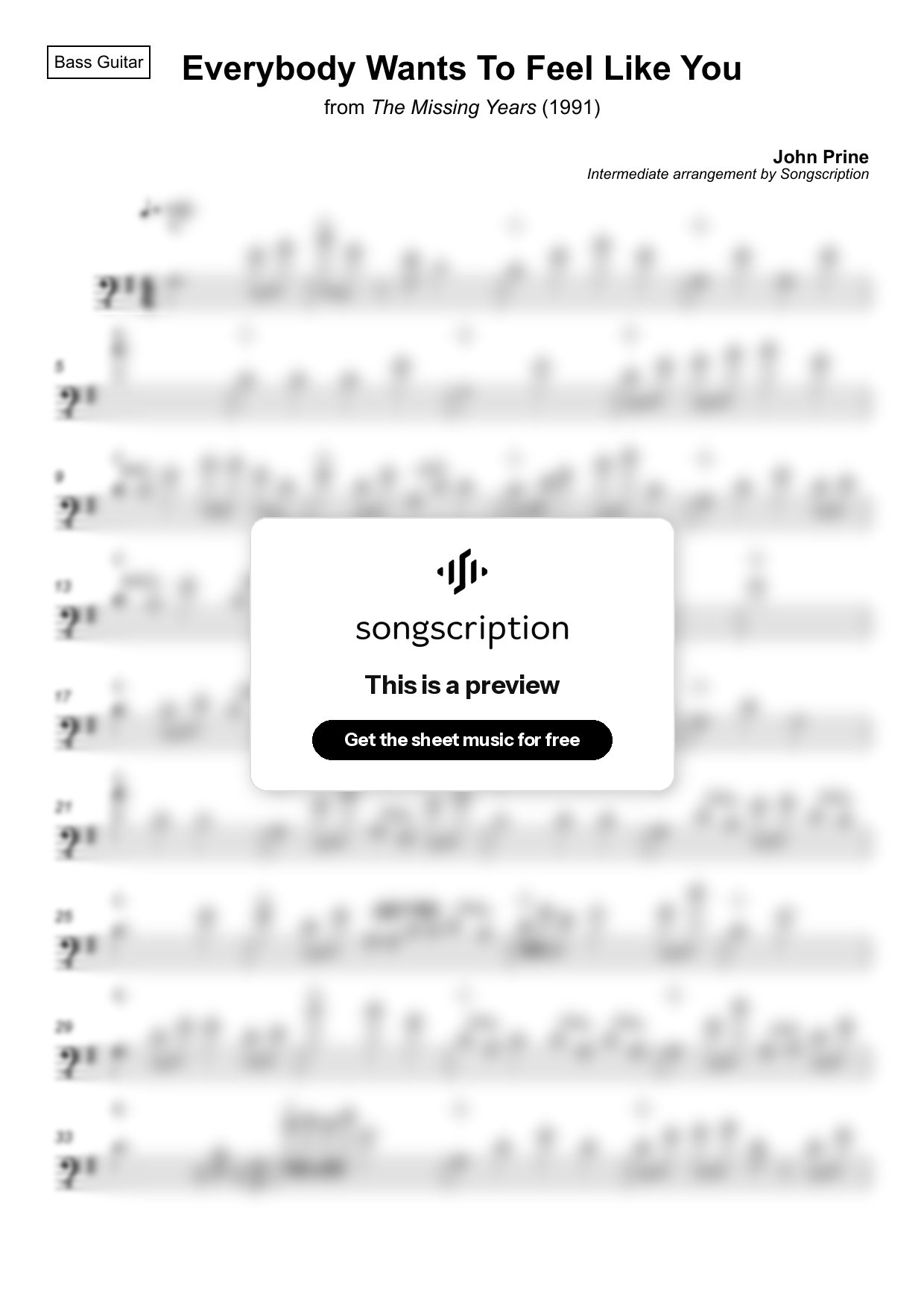 Intermediate Bass Guitar Sheet Music for "Everybody Wants To Feel Like You" by John Prine