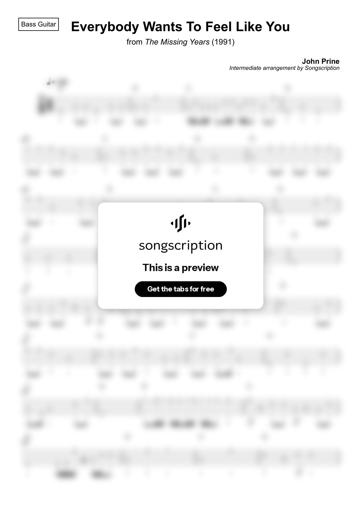 Intermediate Bass Guitar Tabs for "Everybody Wants To Feel Like You" by John Prine
