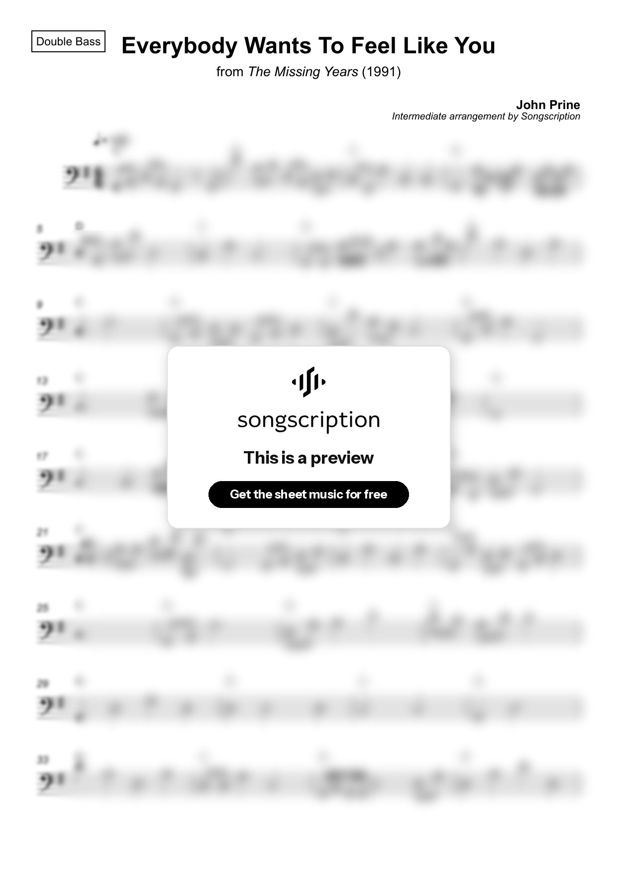 Intermediate Double Bass Sheet Music for "Everybody Wants To Feel Like You" by John Prine
