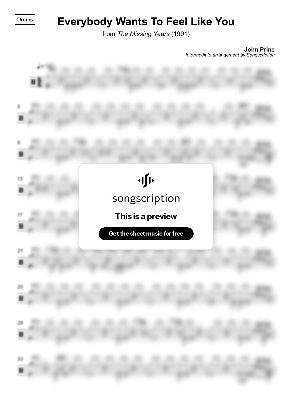 Intermediate Drums Sheet Music for "Everybody Wants To Feel Like You" by John Prine