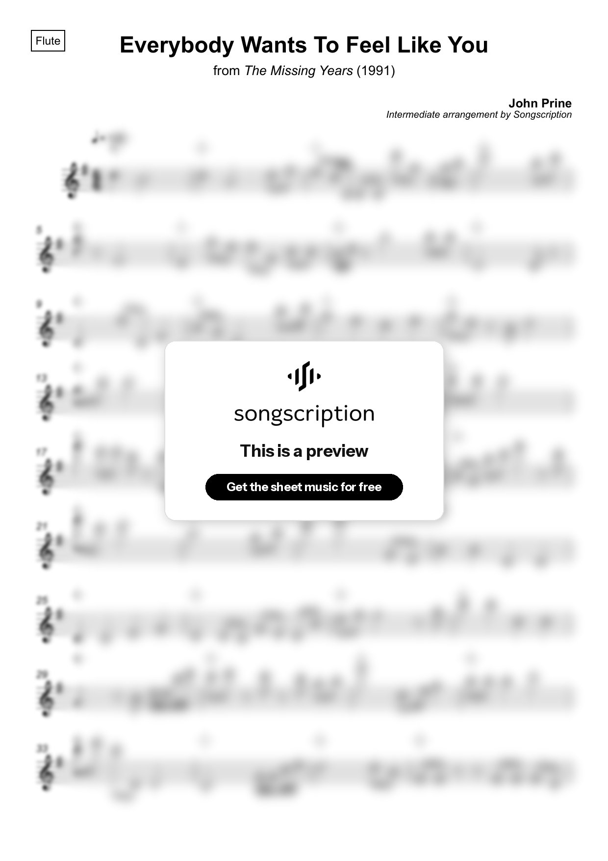 Intermediate Flute Sheet Music for "Everybody Wants To Feel Like You" by John Prine