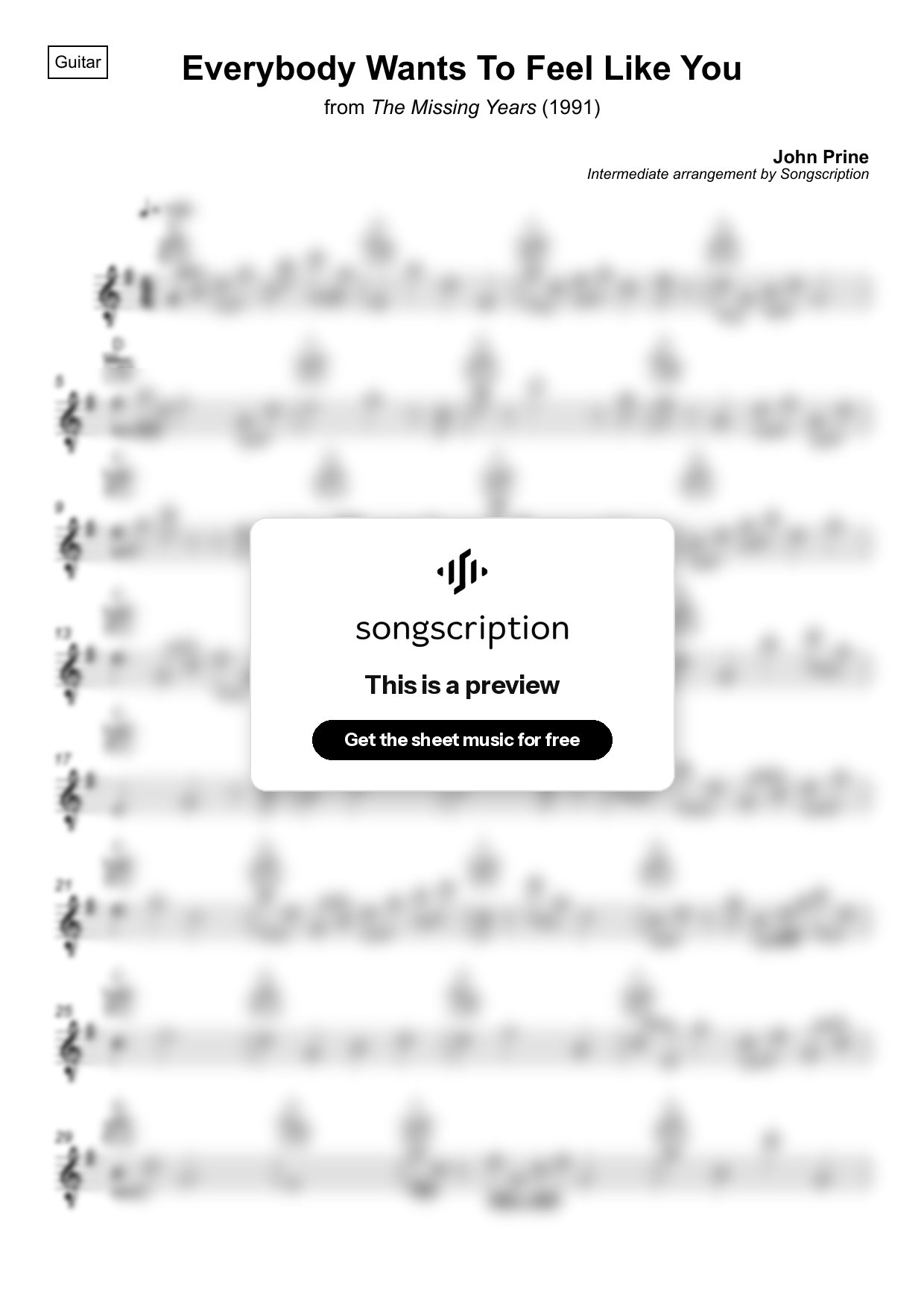 Intermediate Acoustic Guitar Sheet Music for "Everybody Wants To Feel Like You" by John Prine