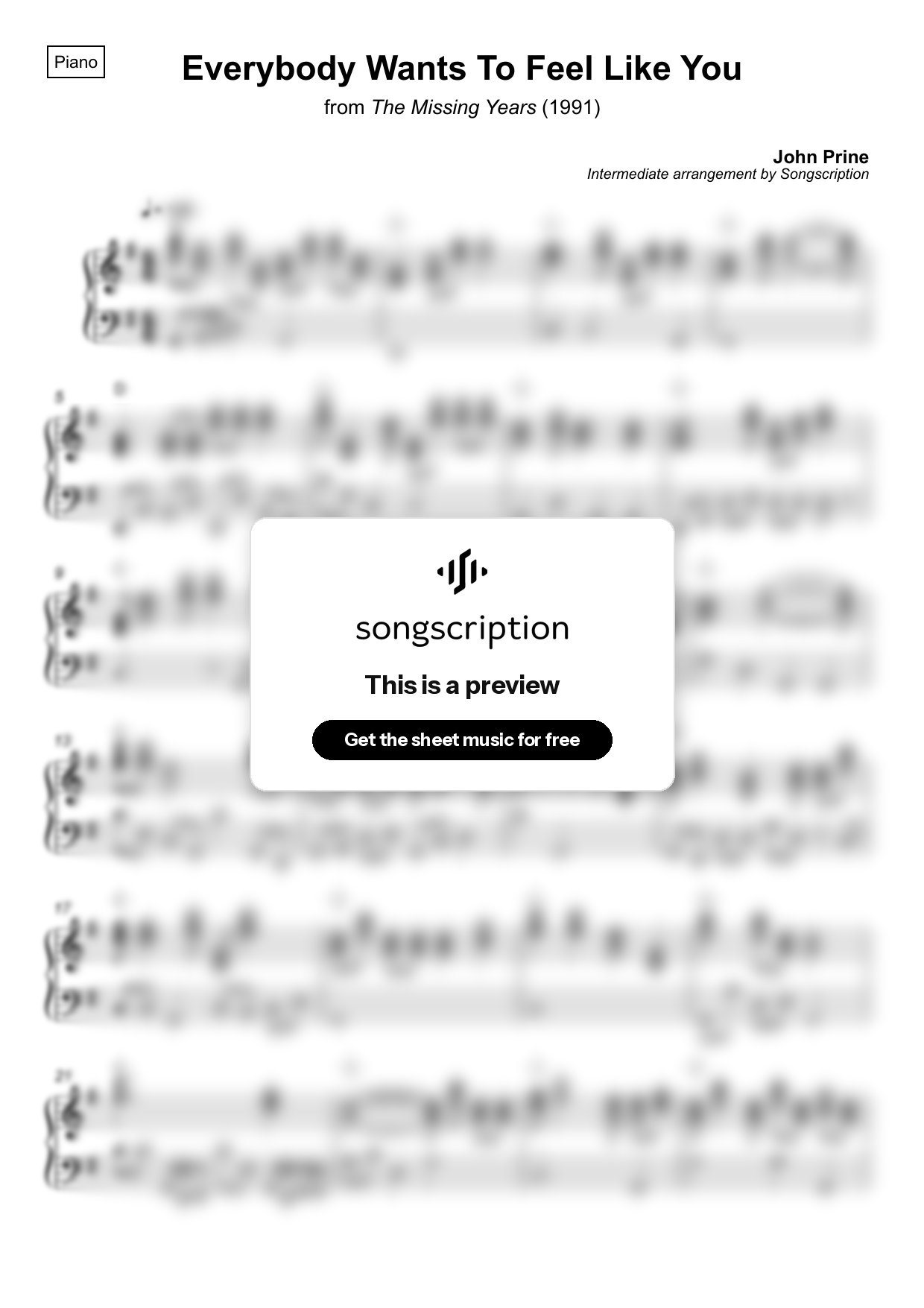 Intermediate Piano Sheet Music for "Everybody Wants To Feel Like You" by John Prine