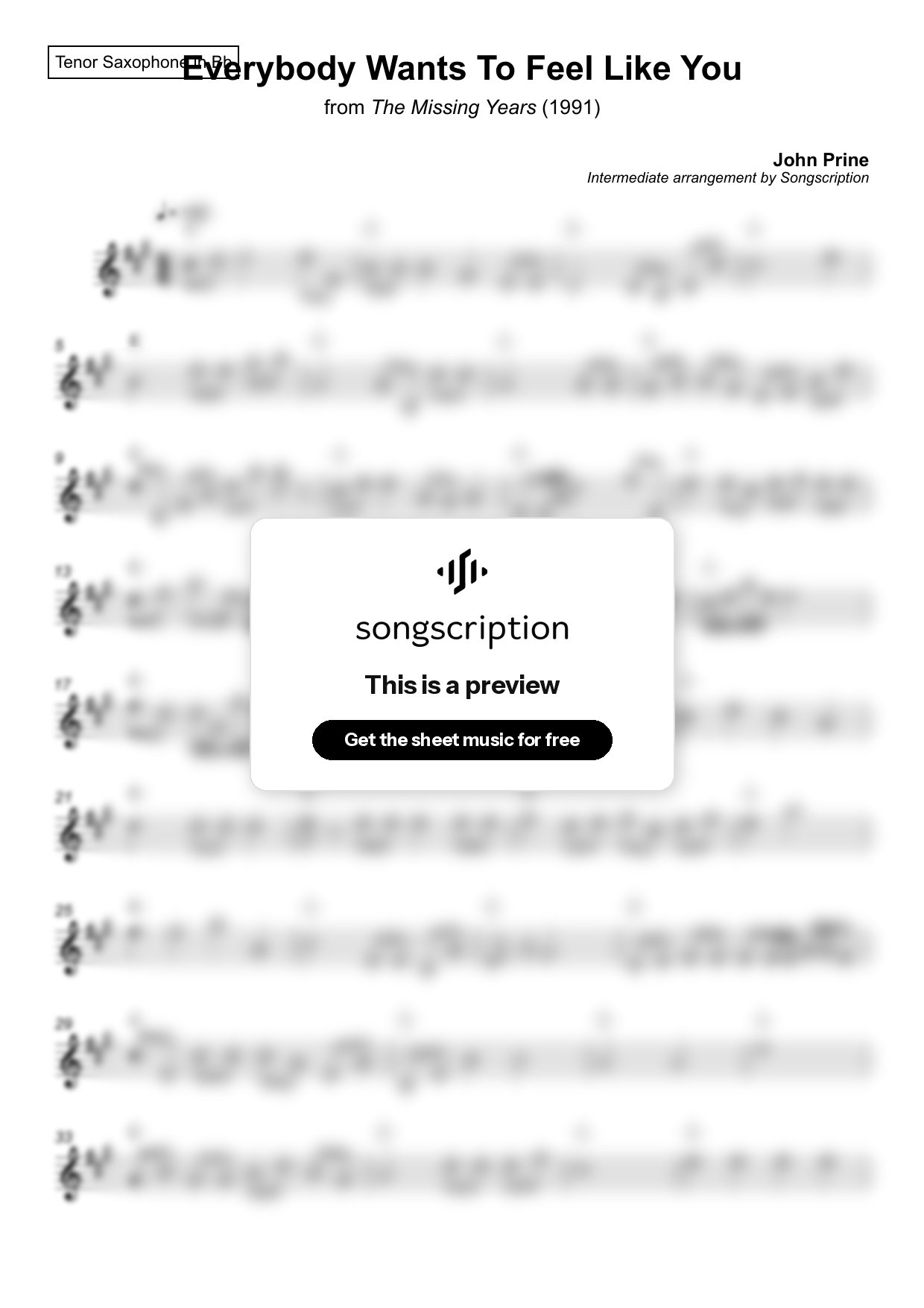 Intermediate Tenor Sax Sheet Music for "Everybody Wants To Feel Like You" by John Prine