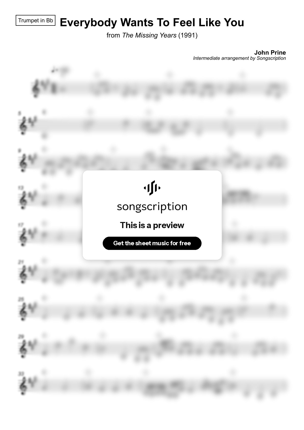 Intermediate Trumpet Sheet Music for "Everybody Wants To Feel Like You" by John Prine
