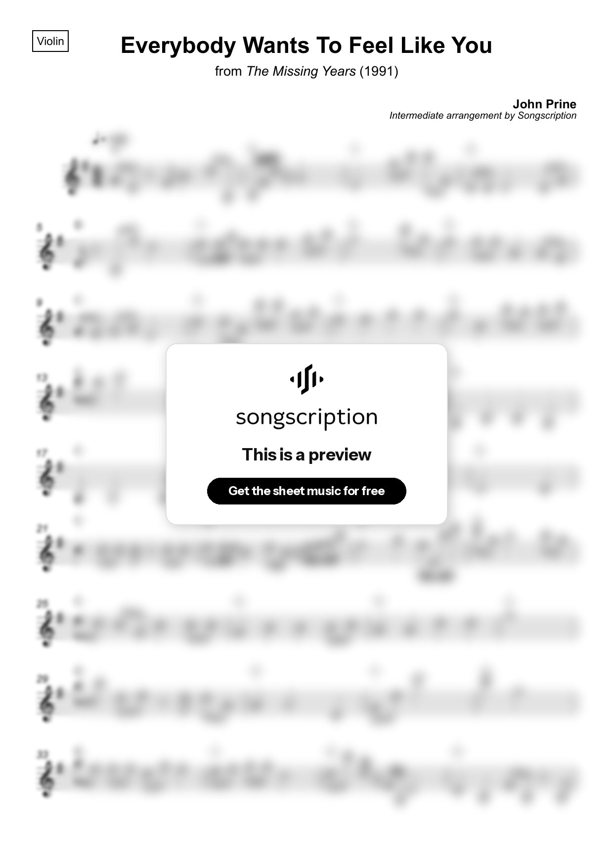 Intermediate Violin Sheet Music for "Everybody Wants To Feel Like You" by John Prine