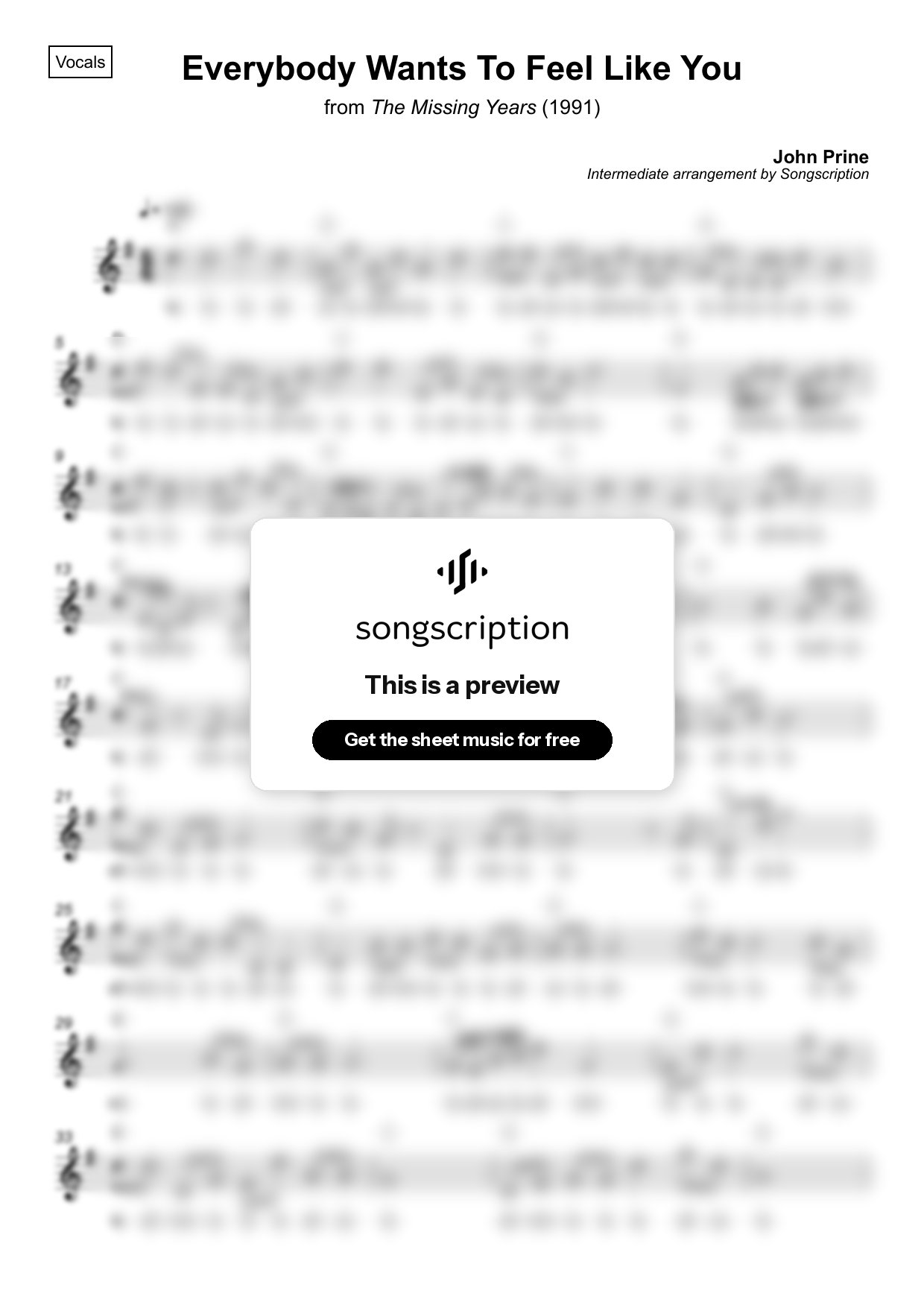 Intermediate Vocals Sheet Music for "Everybody Wants To Feel Like You" by John Prine