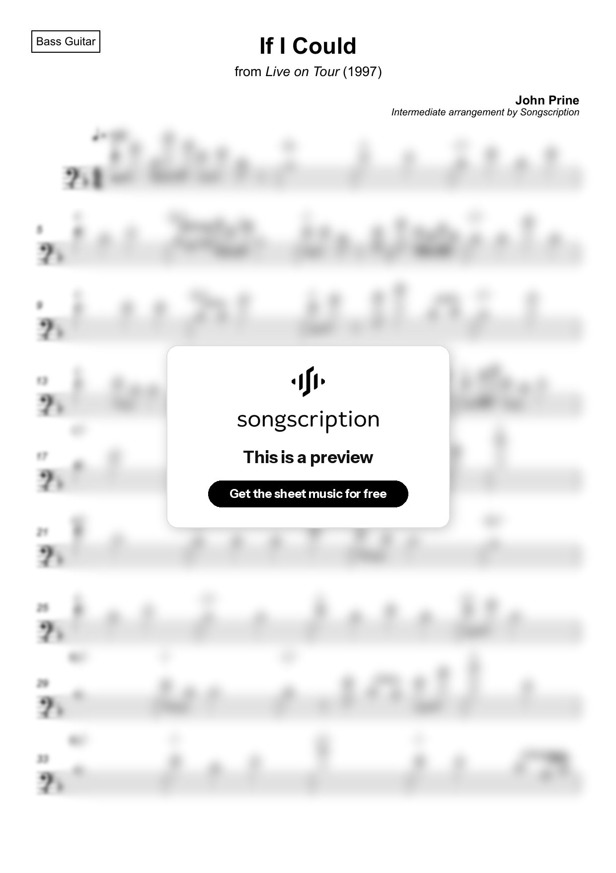 Intermediate Bass Guitar Sheet Music for "If I Could" by John Prine