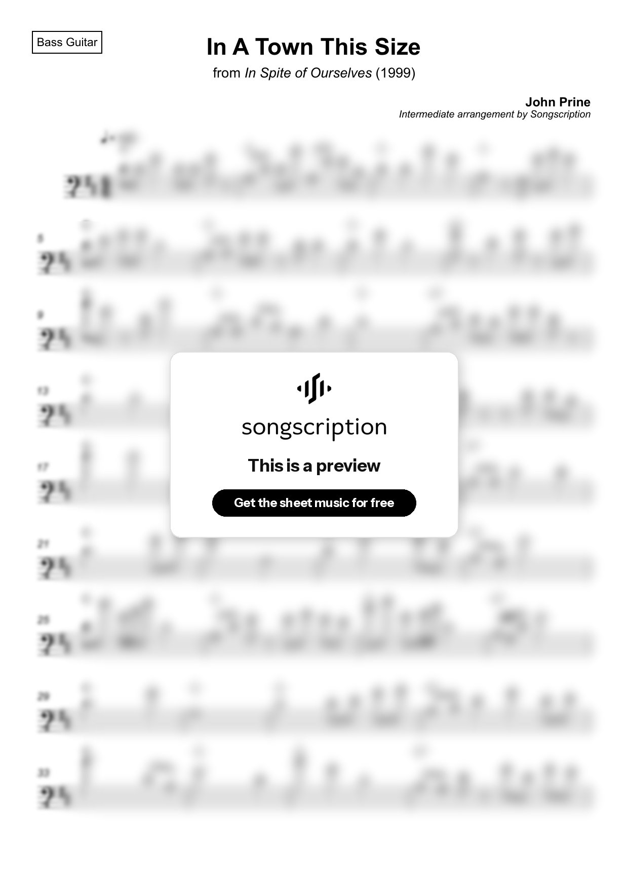 Intermediate Bass Guitar Sheet Music for "In A Town This Size" by John Prine