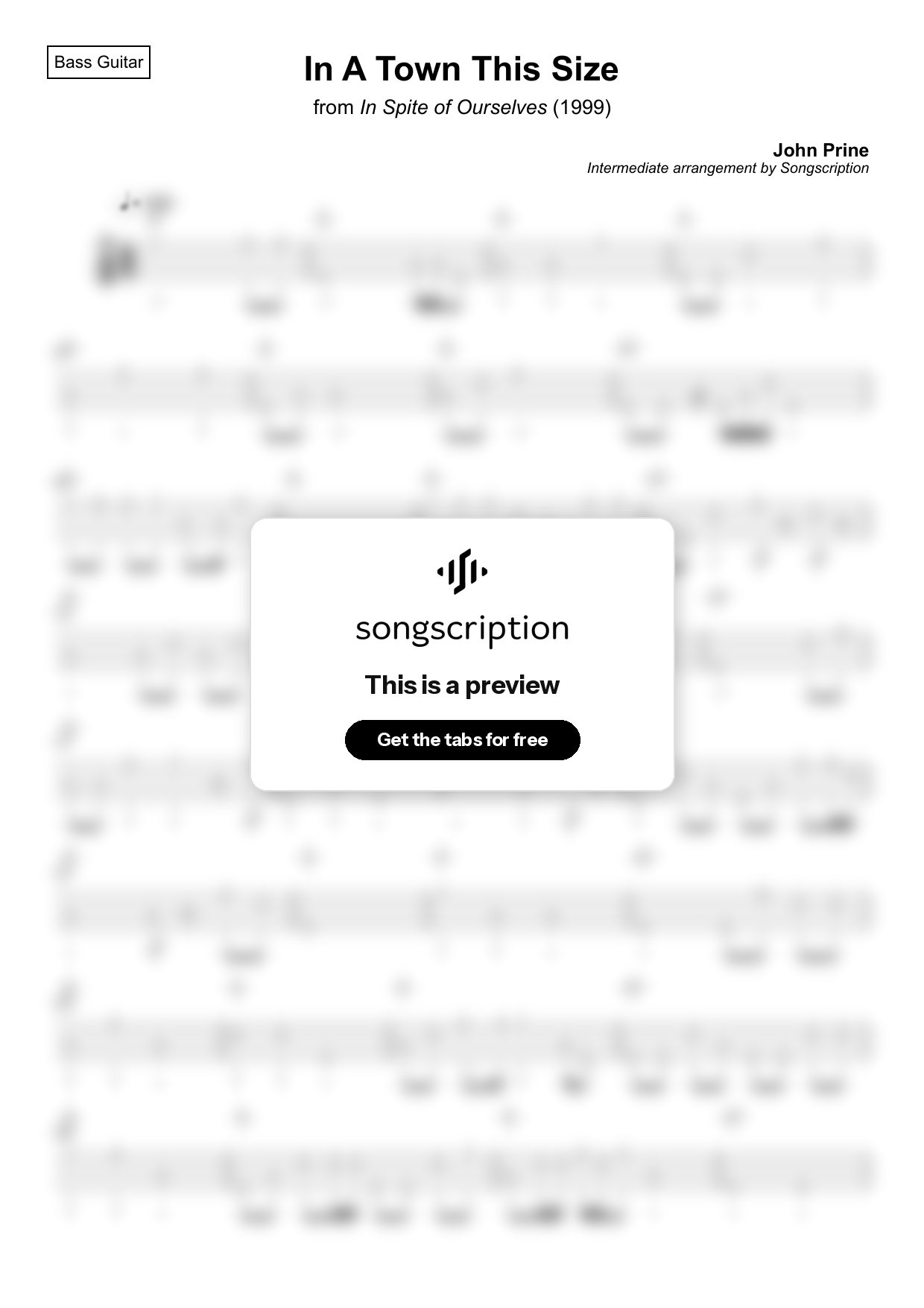 Intermediate Bass Guitar Tabs for "In A Town This Size" by John Prine