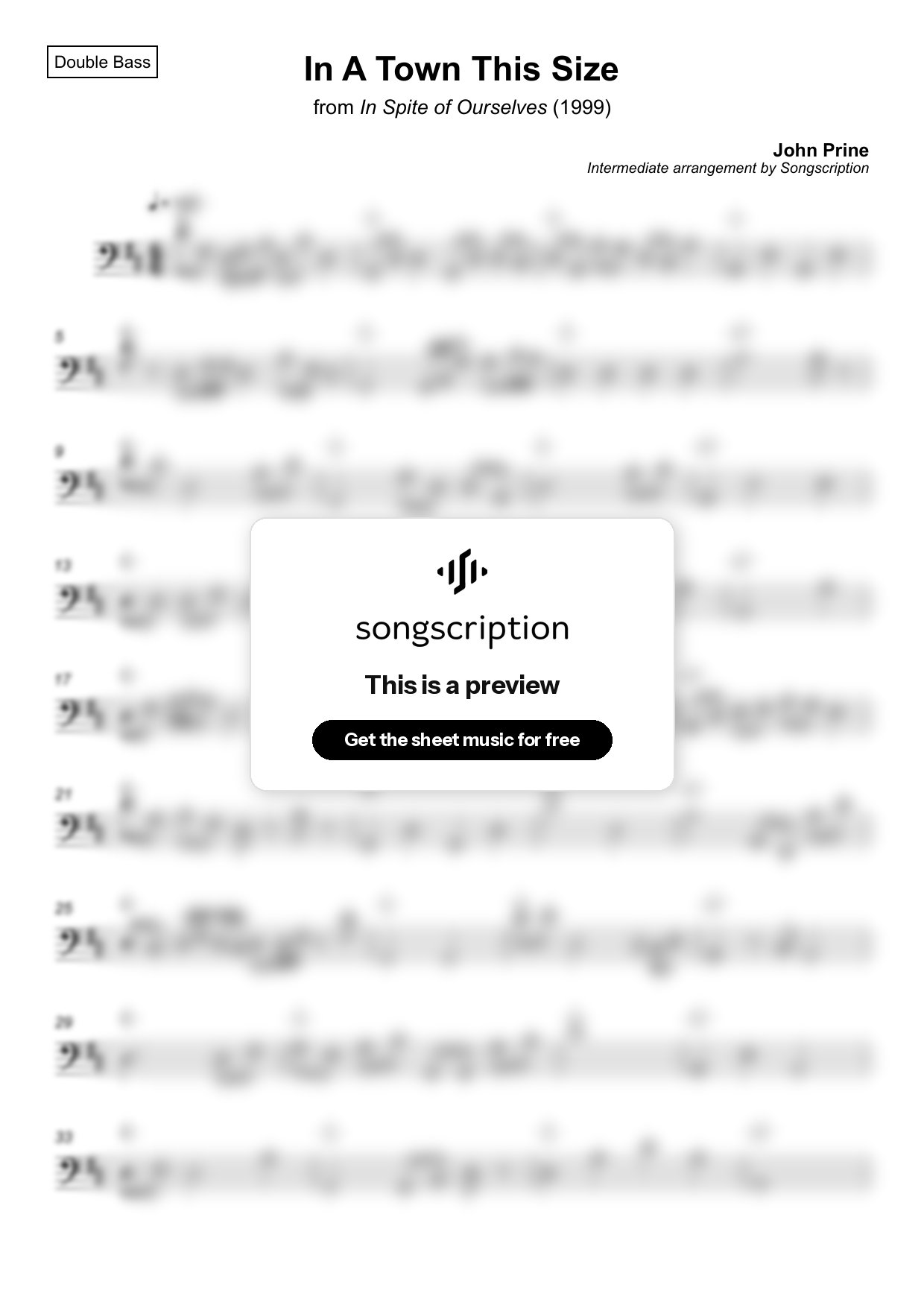 Intermediate Double Bass Sheet Music for "In A Town This Size" by John Prine