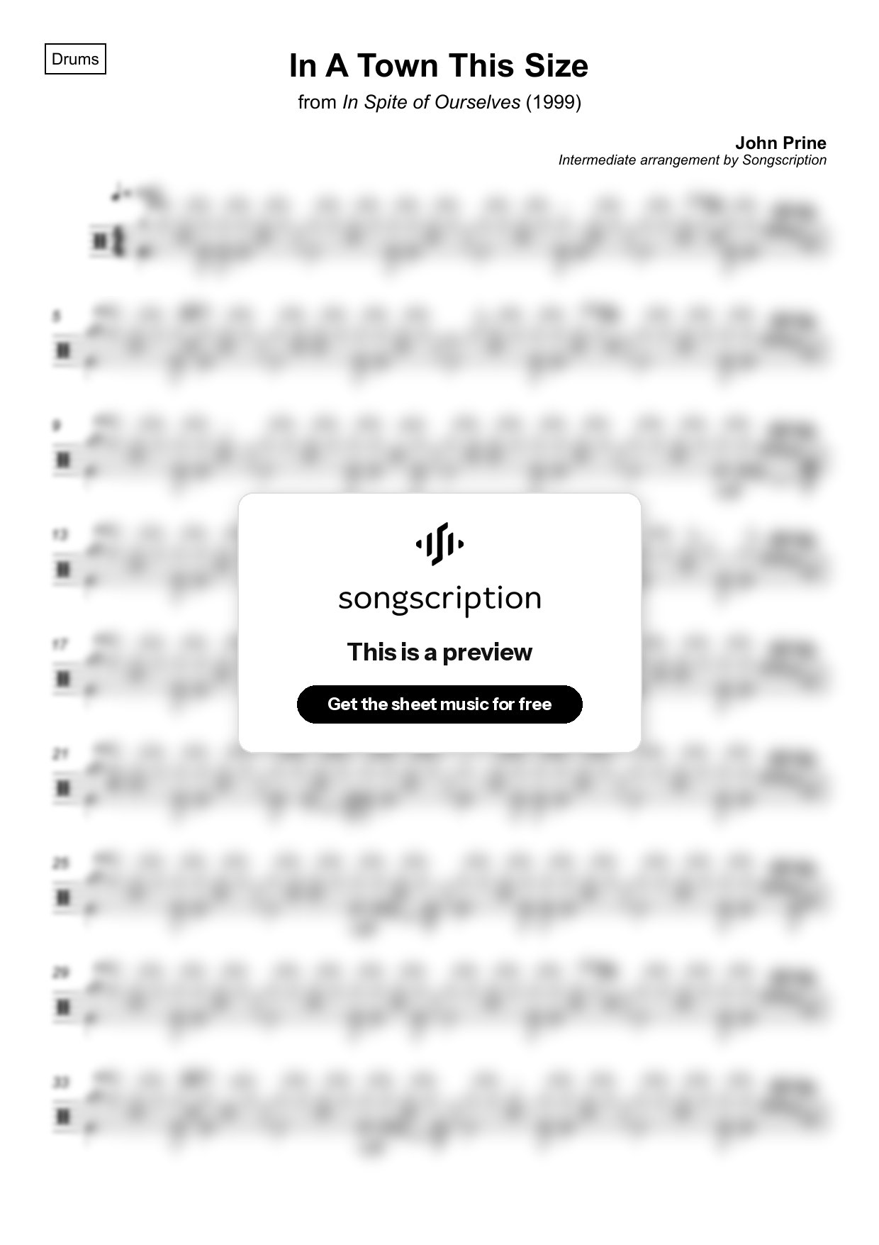 Intermediate Drums Sheet Music for "In A Town This Size" by John Prine