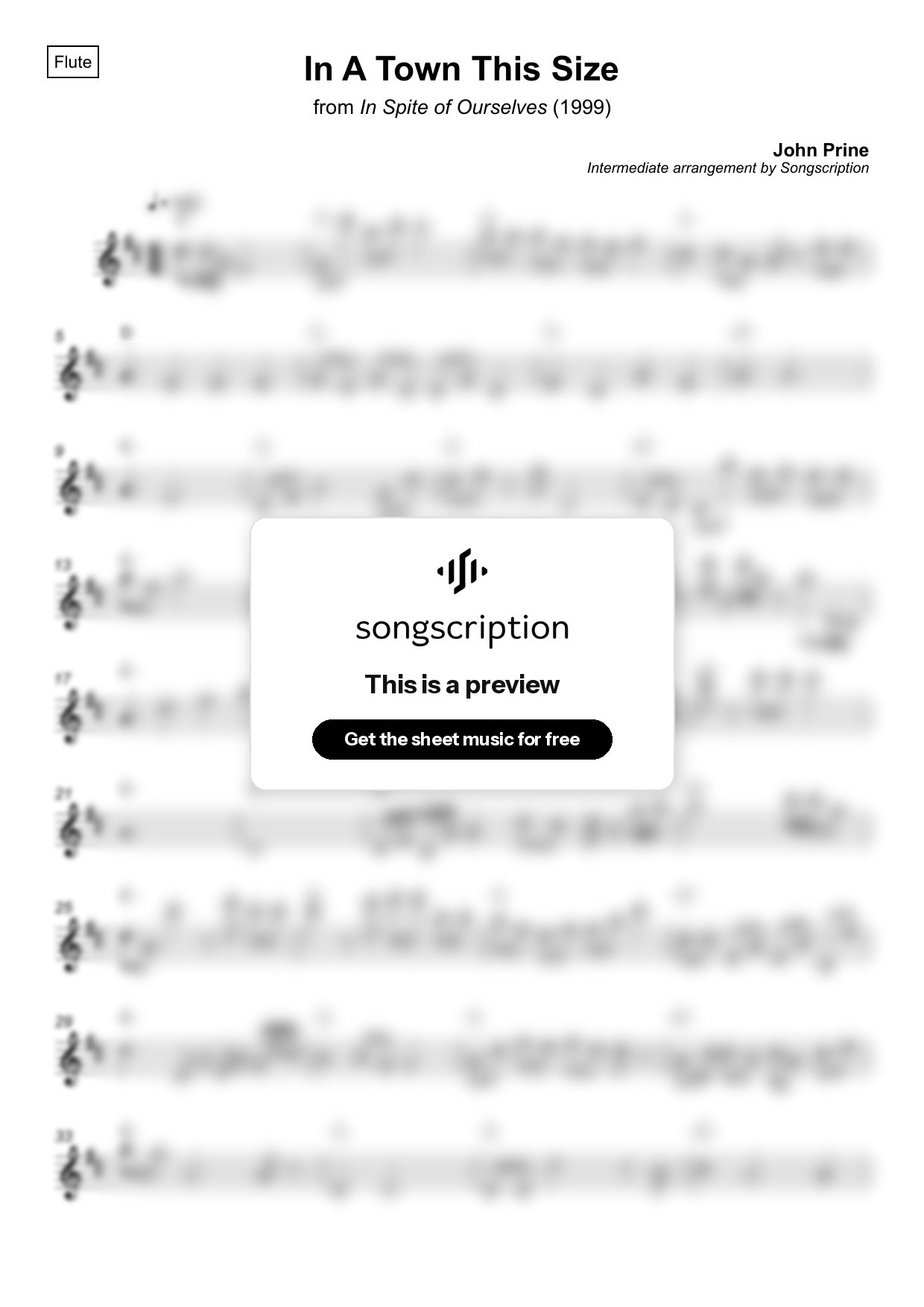 Intermediate Flute Sheet Music for "In A Town This Size" by John Prine