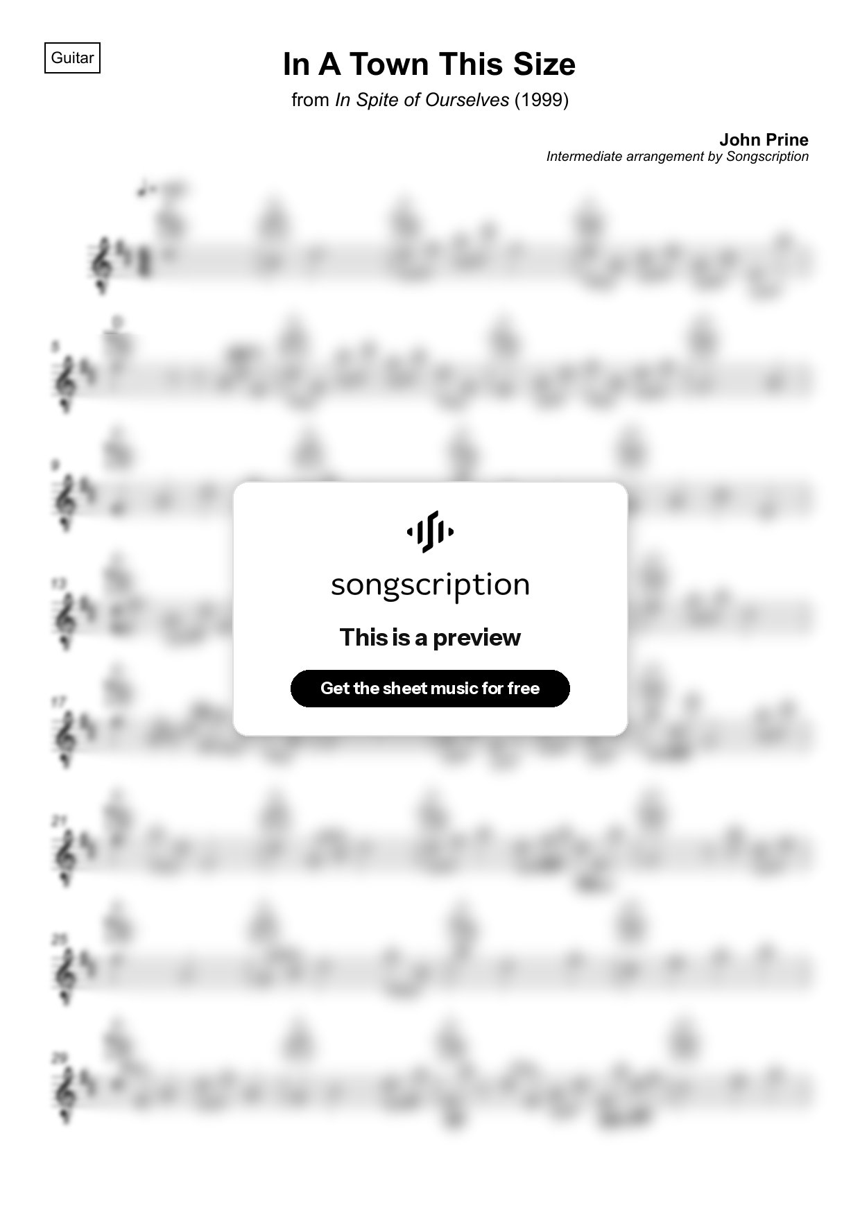 Intermediate Acoustic Guitar Sheet Music for "In A Town This Size" by John Prine