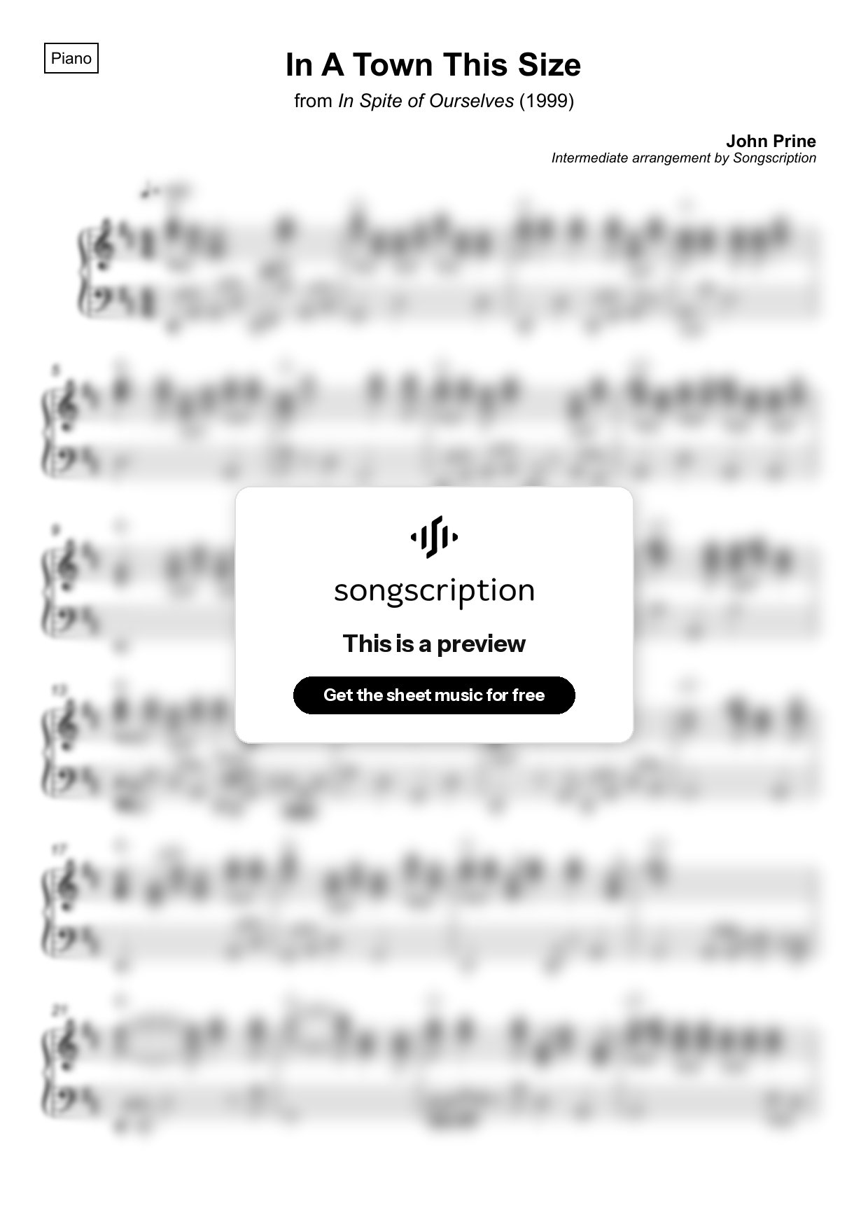 Intermediate Piano Sheet Music for "In A Town This Size" by John Prine