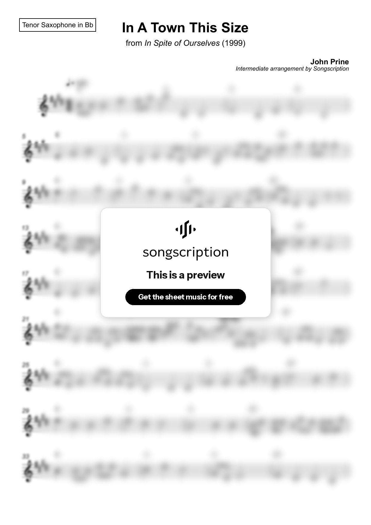 Intermediate Tenor Sax Sheet Music for "In A Town This Size" by John Prine