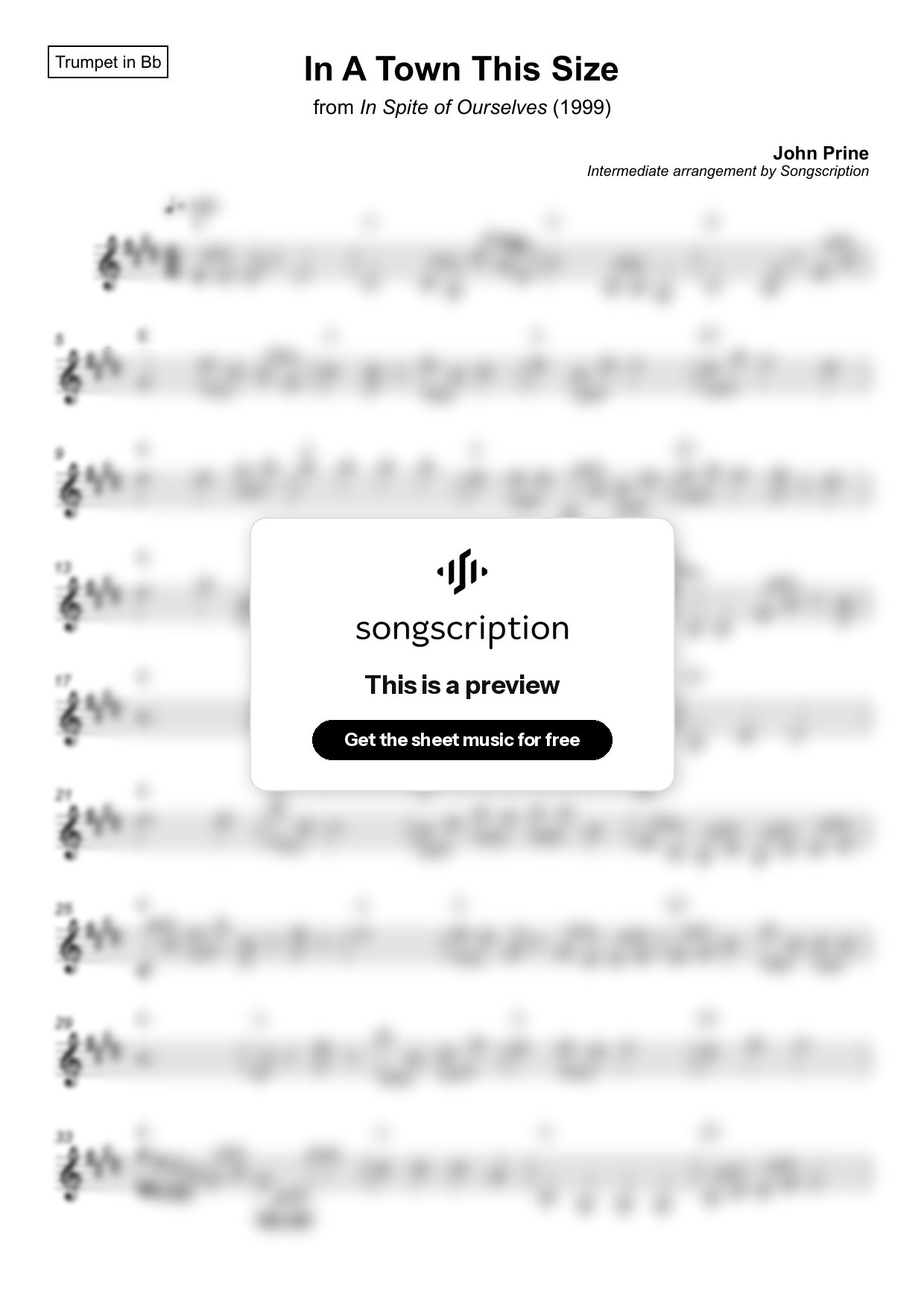 Intermediate Trumpet Sheet Music for "In A Town This Size" by John Prine