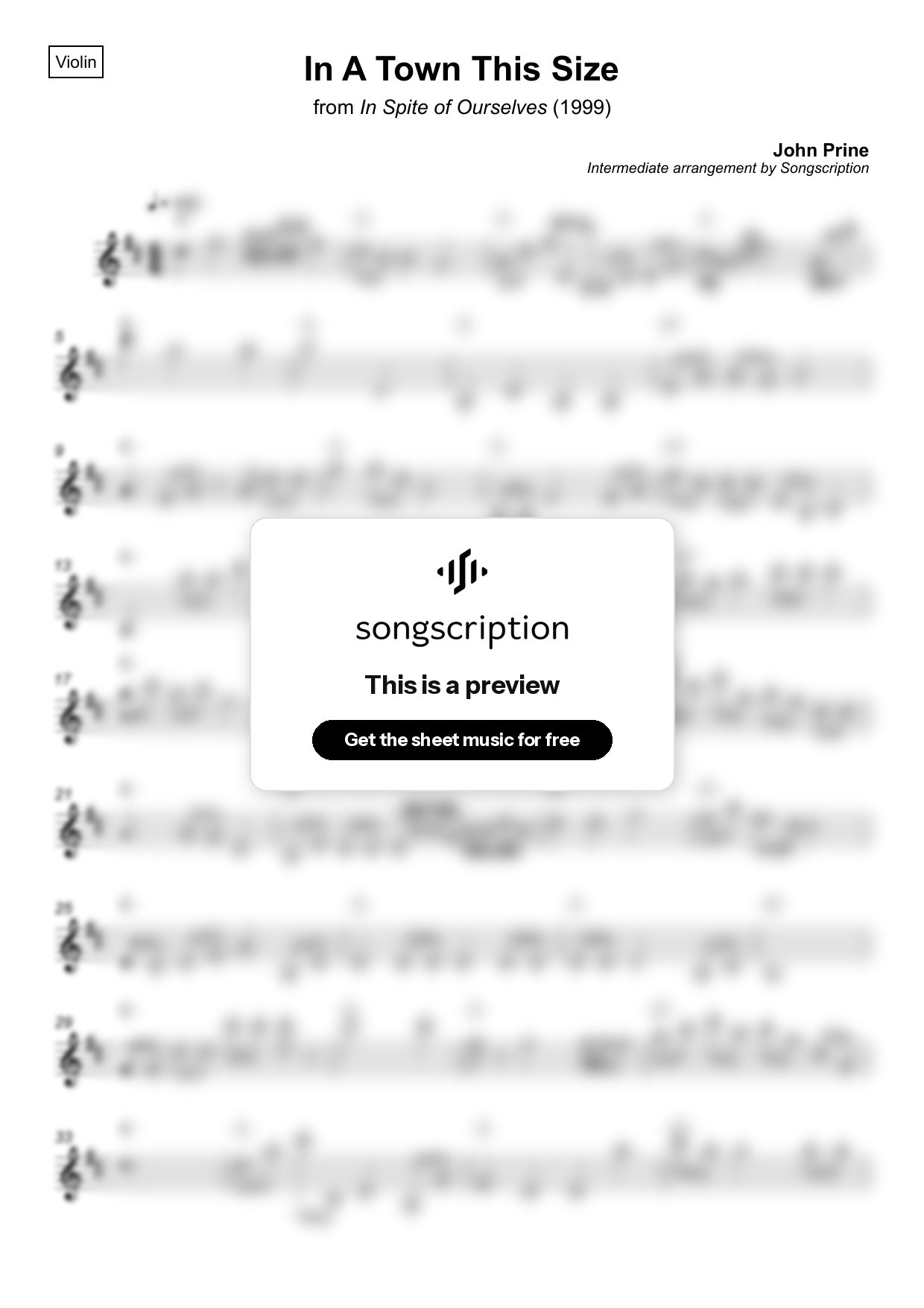 Intermediate Violin Sheet Music for "In A Town This Size" by John Prine