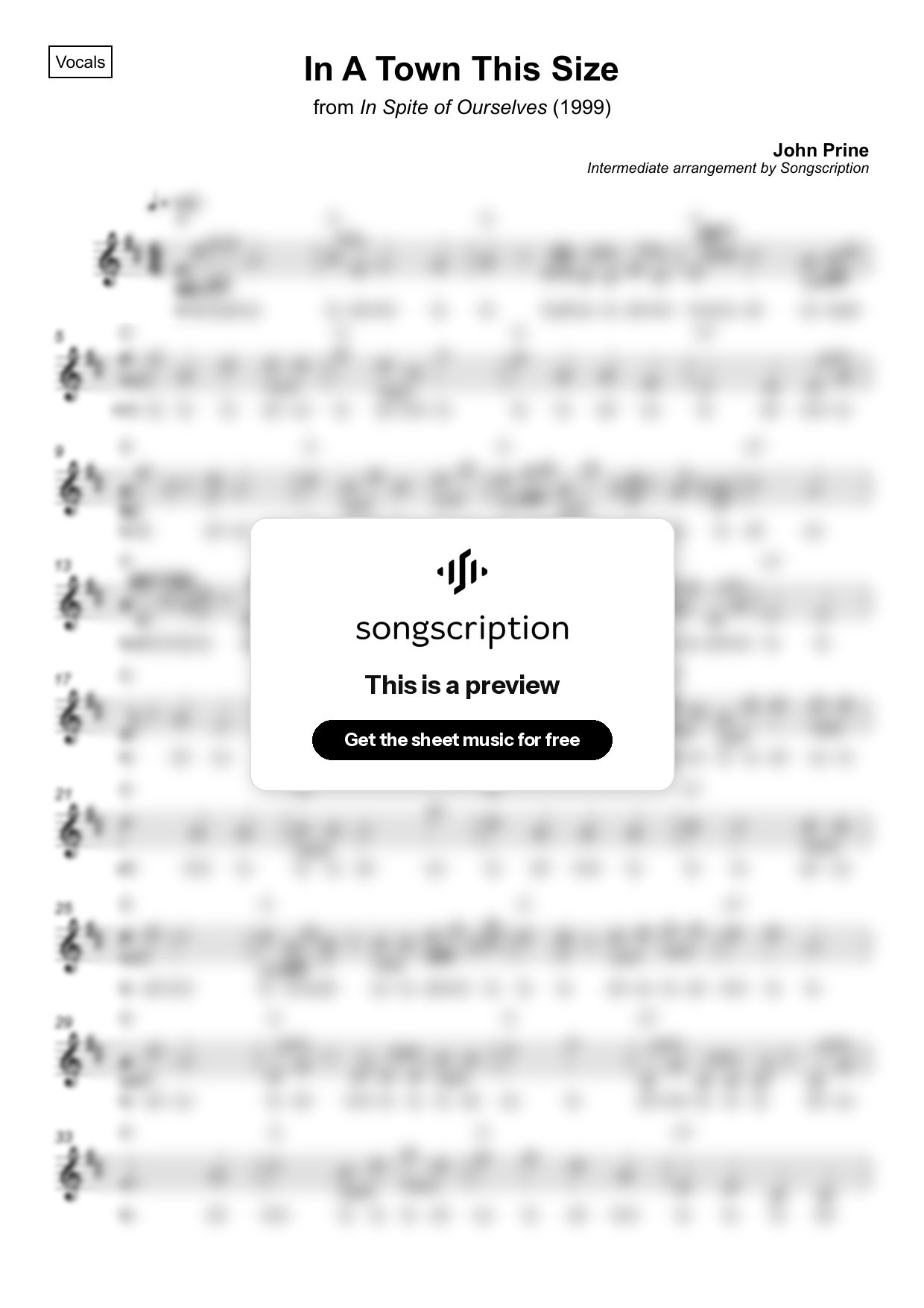 Intermediate Vocals Sheet Music for "In A Town This Size" by John Prine