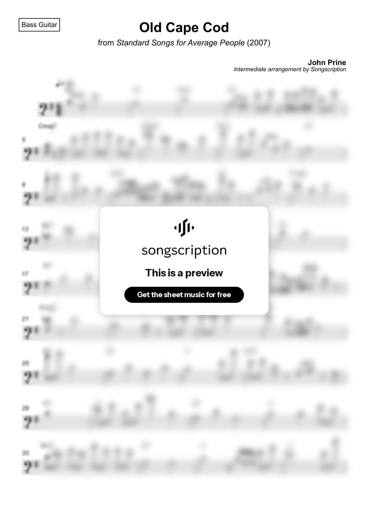 Intermediate Bass Guitar Sheet Music for "Old Cape Cod" by John Prine